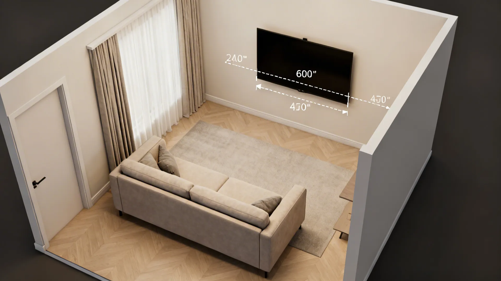 Top-down layout showing sofa position and recommended TV viewing distances in a small living room