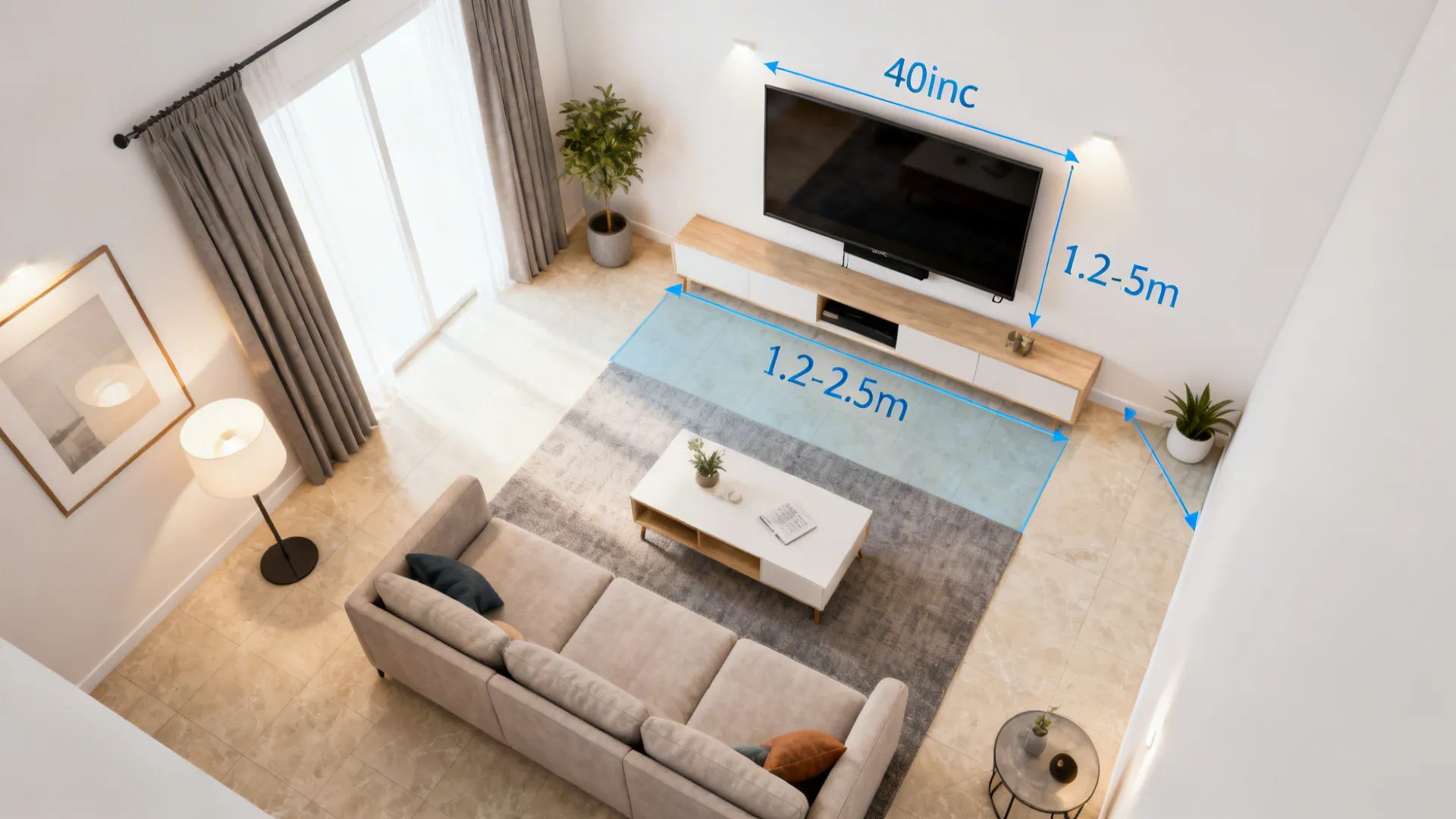 Top-down layout showing recommended viewing distances and TV placement options for a 40-inch screen