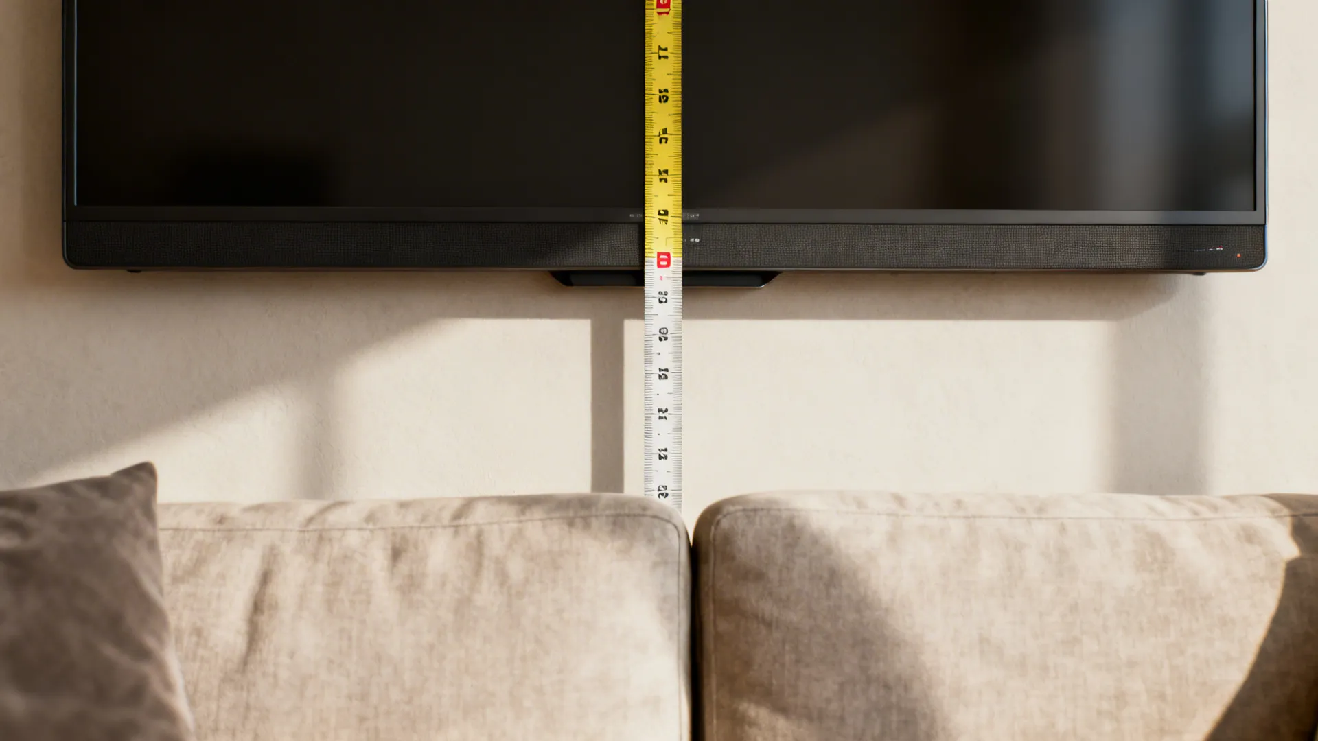 Measuring tape held against the wall showing ideal TV center height relative to sofa eye level