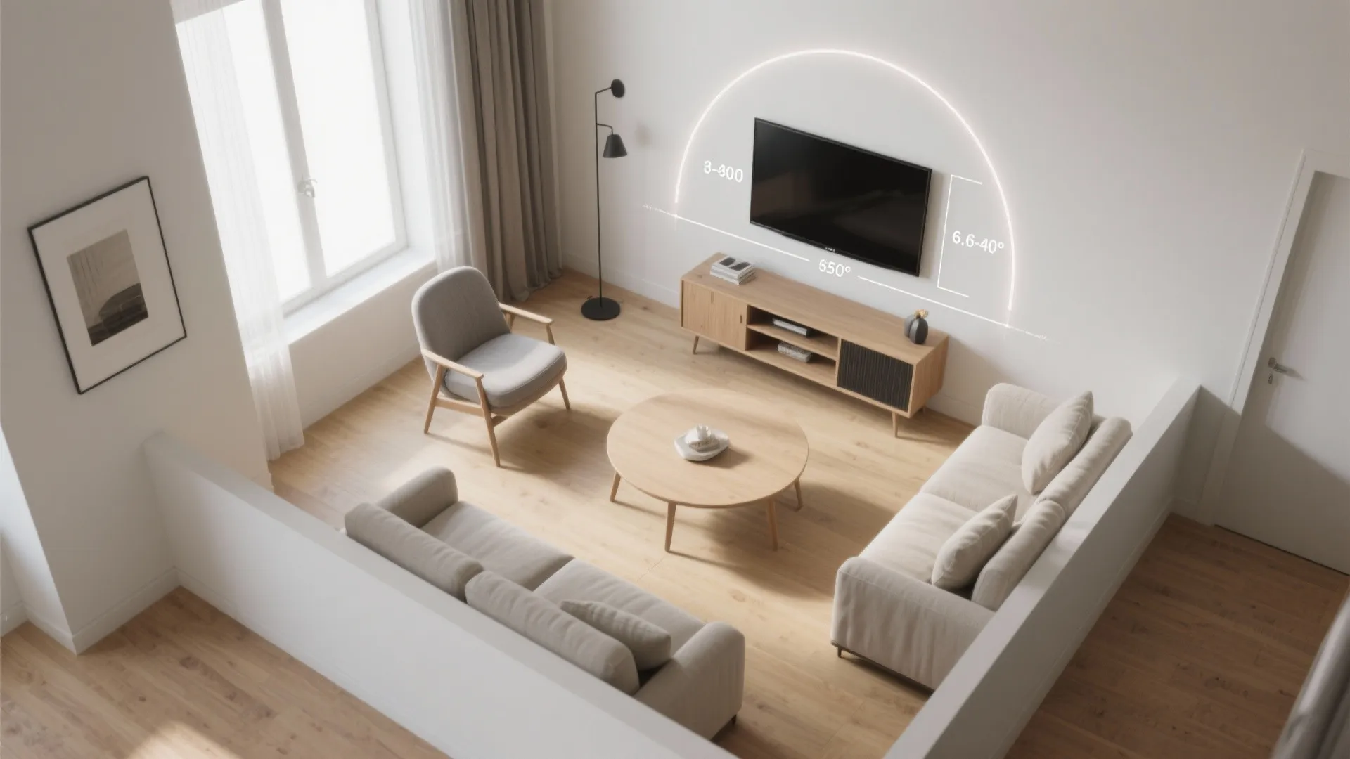 Top view of a living room layout with sofas a coffee table and television measurements