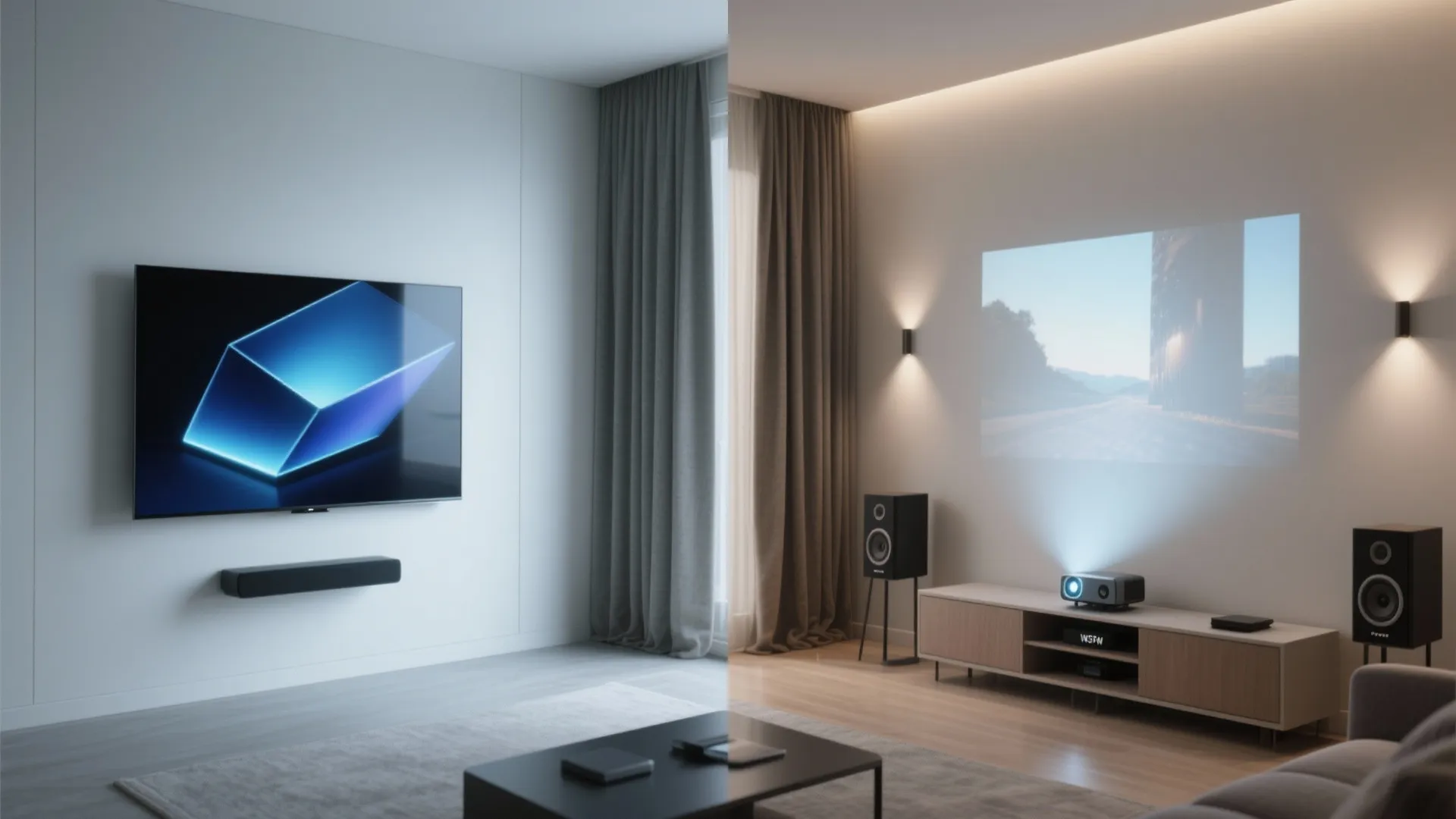 Comparison showing wall mounted television and projector displaying image in a modern living room setting