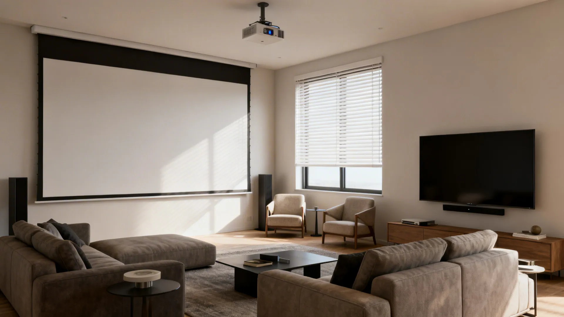 Living room showing both a flat TV and a projector setup with blinds to control glare.