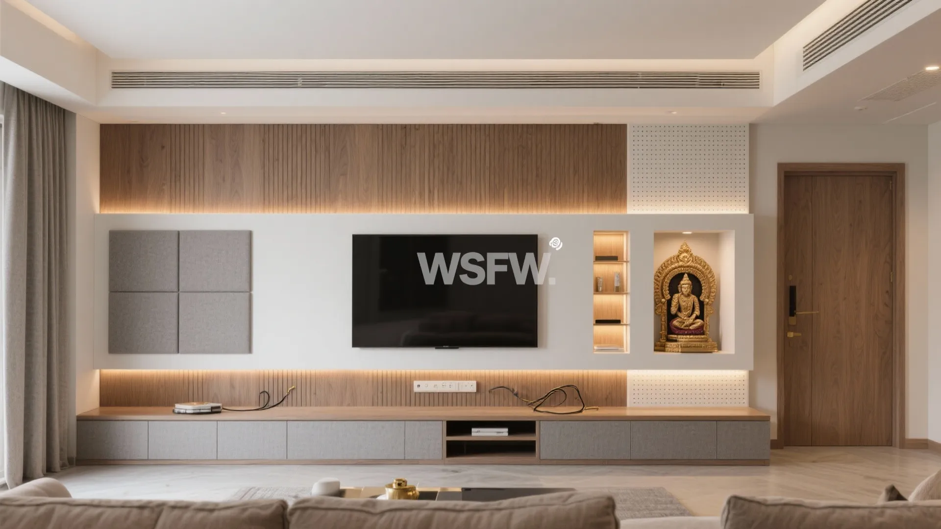Modern living room with wall mounted television wood paneling gold statue light fixture and cabinet