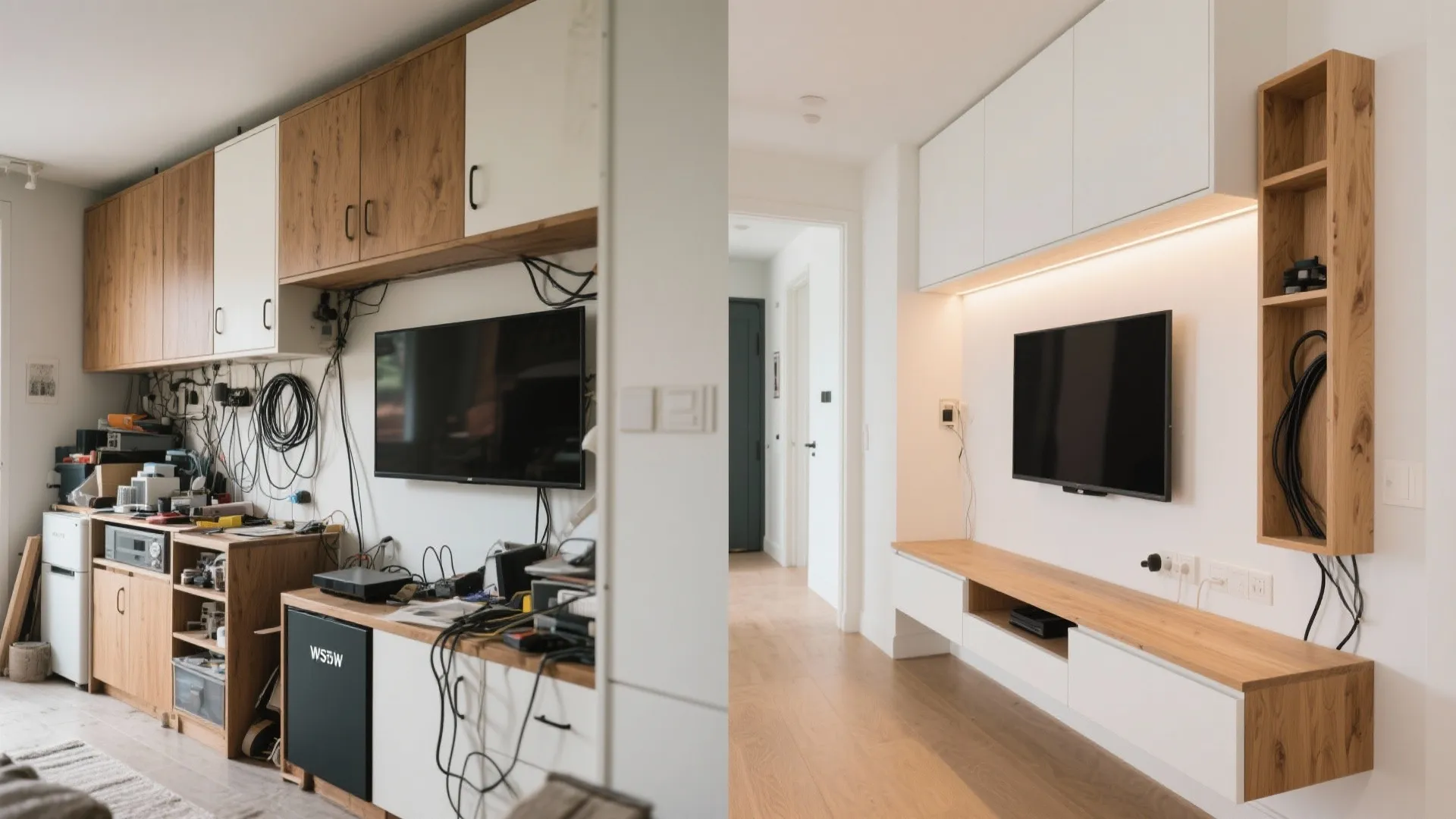 Before and after comparison of a messy television area versus a clean modern living room
