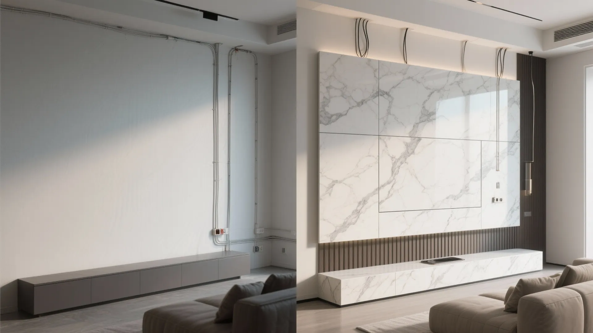 Marble-Look Large-Format Tiles Behind TV