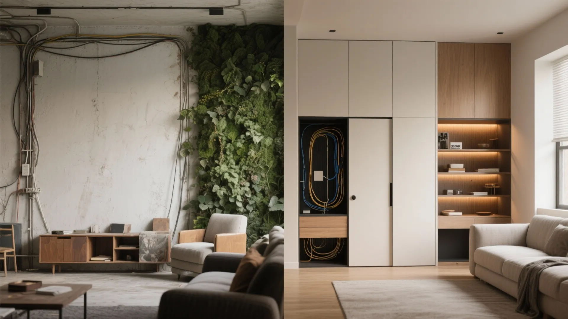 5) Hybrid Niche: TV + Display Shelves + Pocket Doors