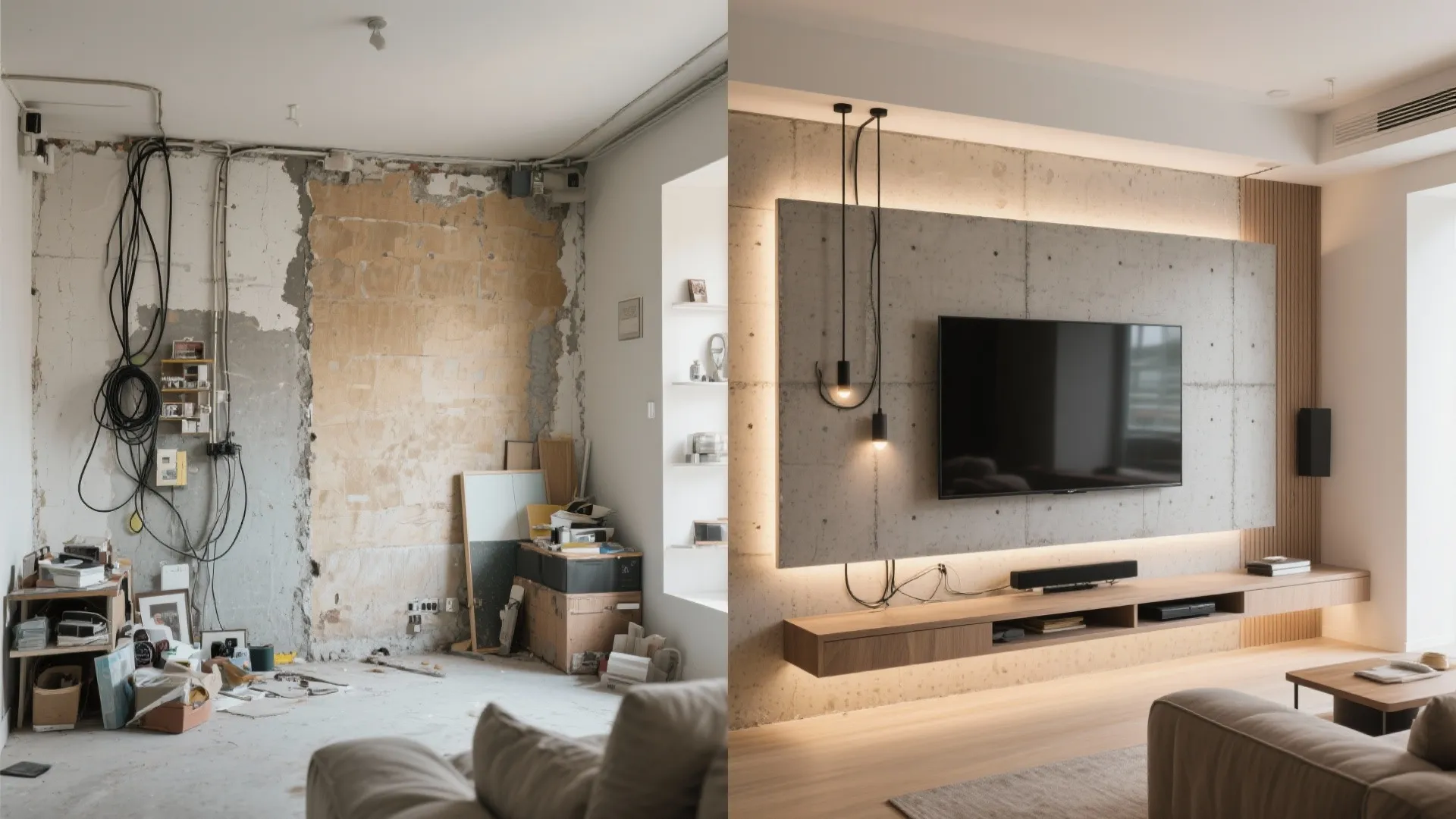 Before-and-after of a small hall wall transformed into a clean cement TV feature.