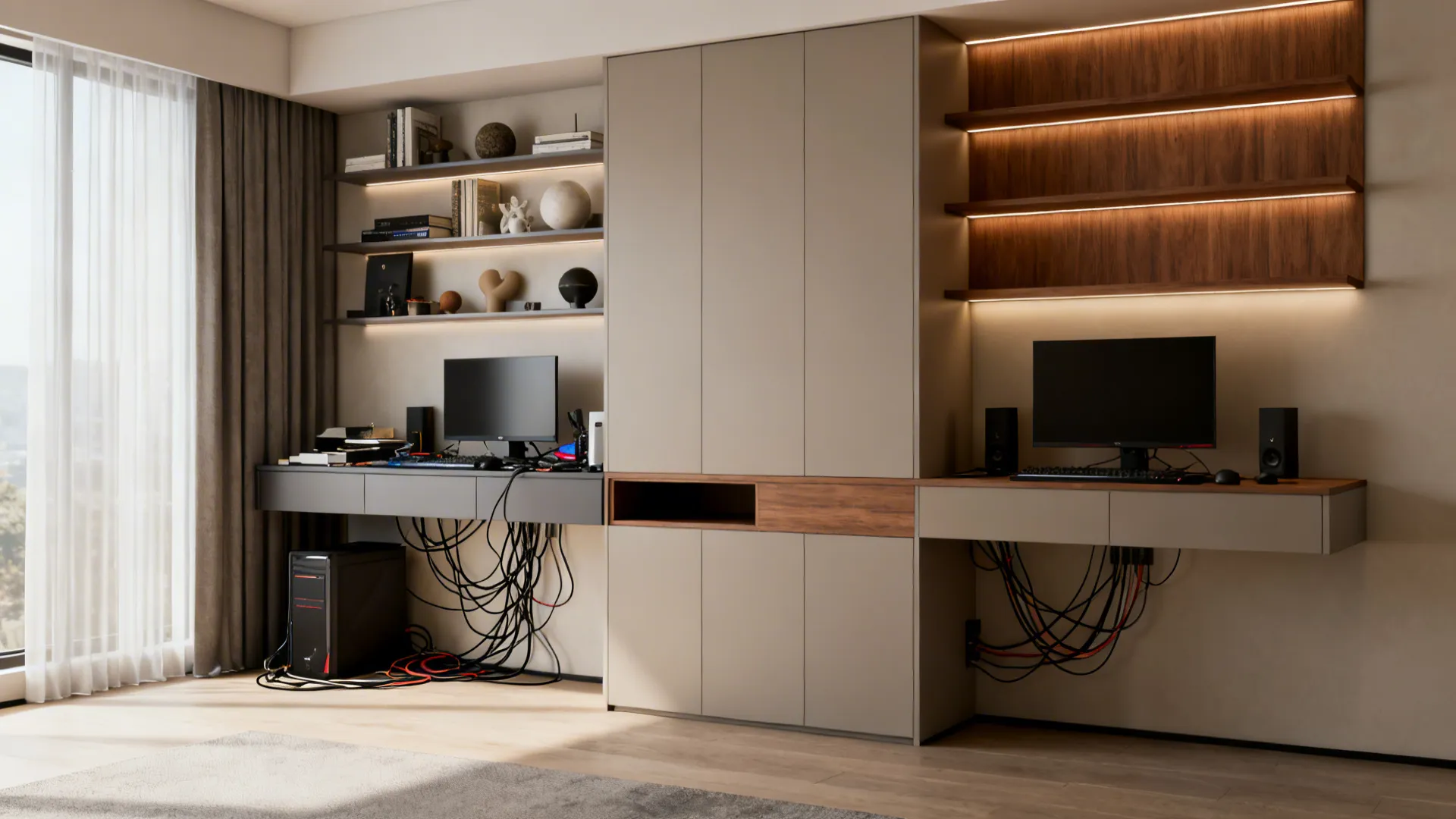 Before-and-after of a small living room TV wall transforming from cluttered to a clean, well-lit, and organized design.