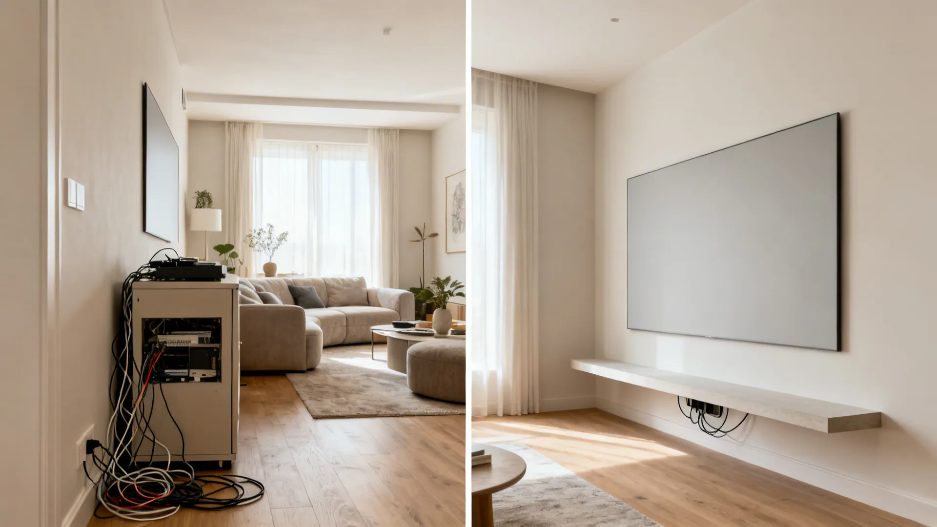 Before-and-after of a TV wall from cluttered cabinet to clean panel with floating ledge.