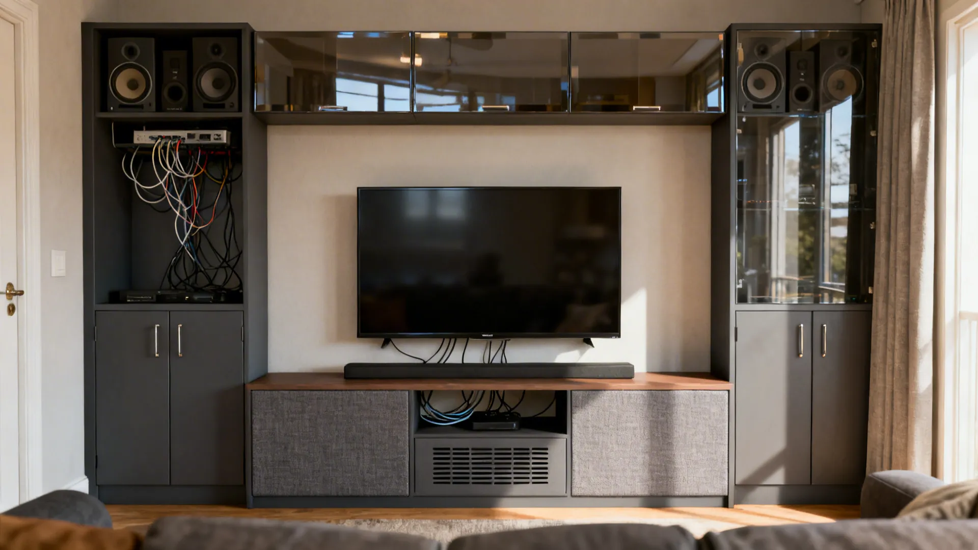 Before-and-after of a TV wall showing corrected height, matte finishes, and clean cable management.