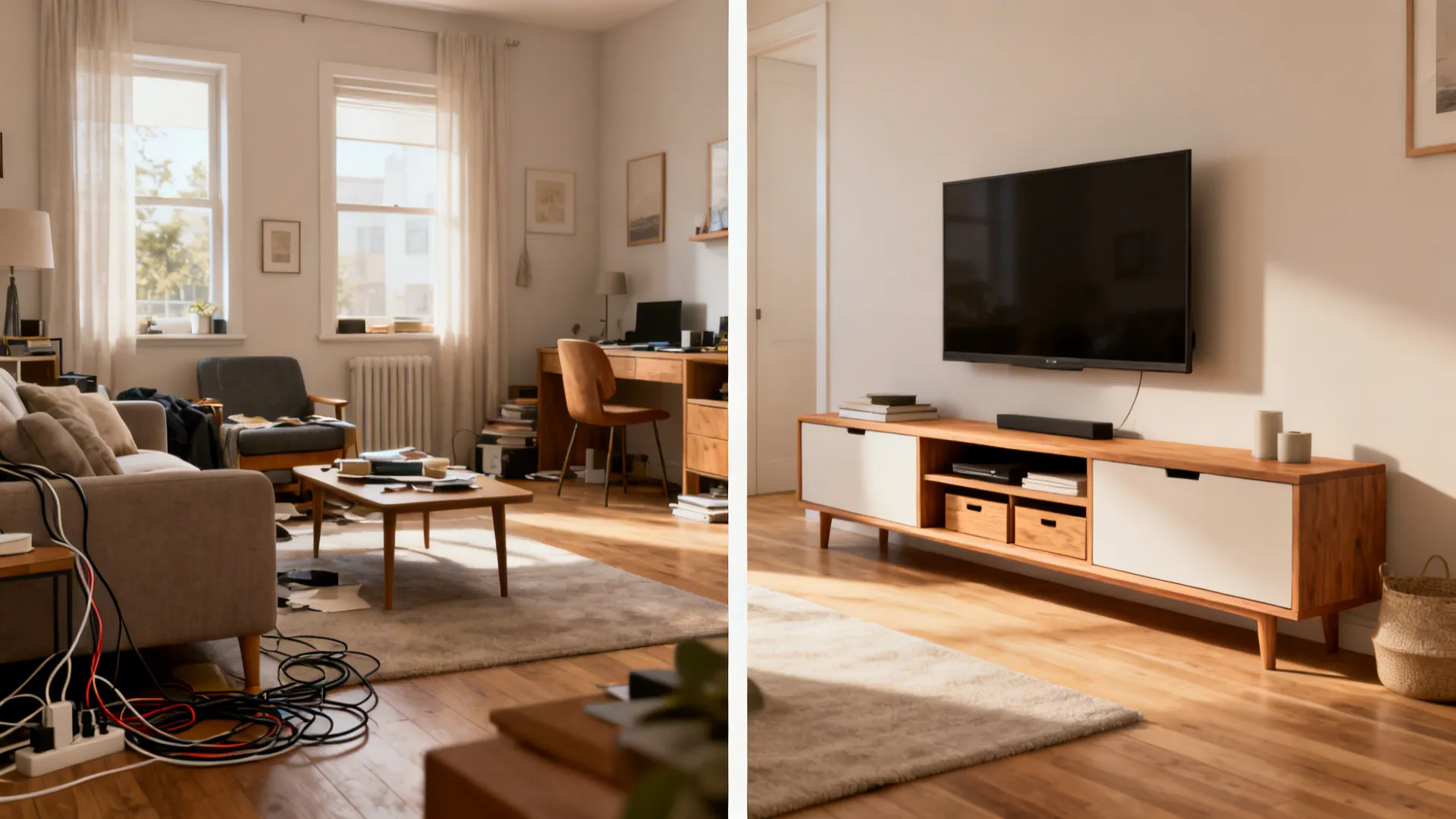 Before-and-after of a small living room showing clutter removed and a clean TV unit installed.
