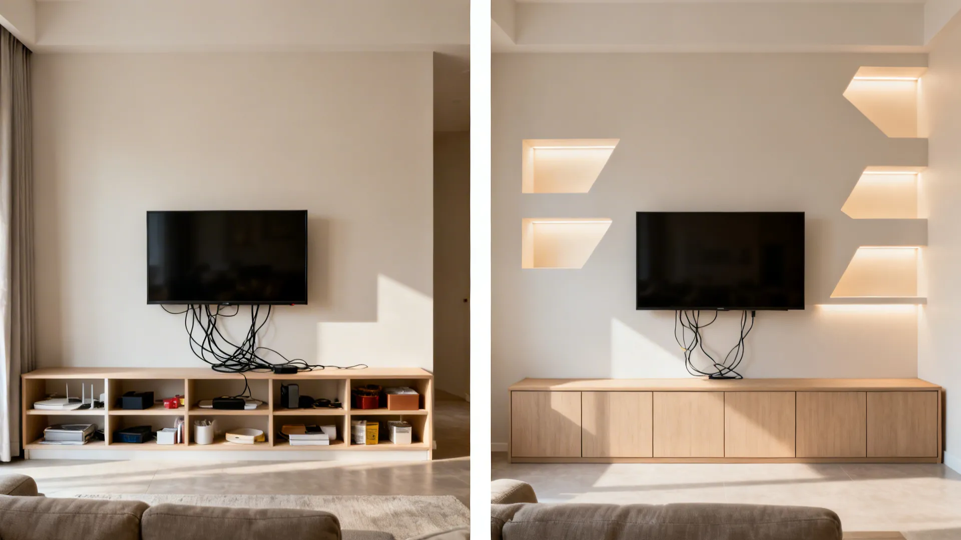 Before-and-after of a TV wall transforming from cluttered shelves to a clean hybrid storage with backlit niches.