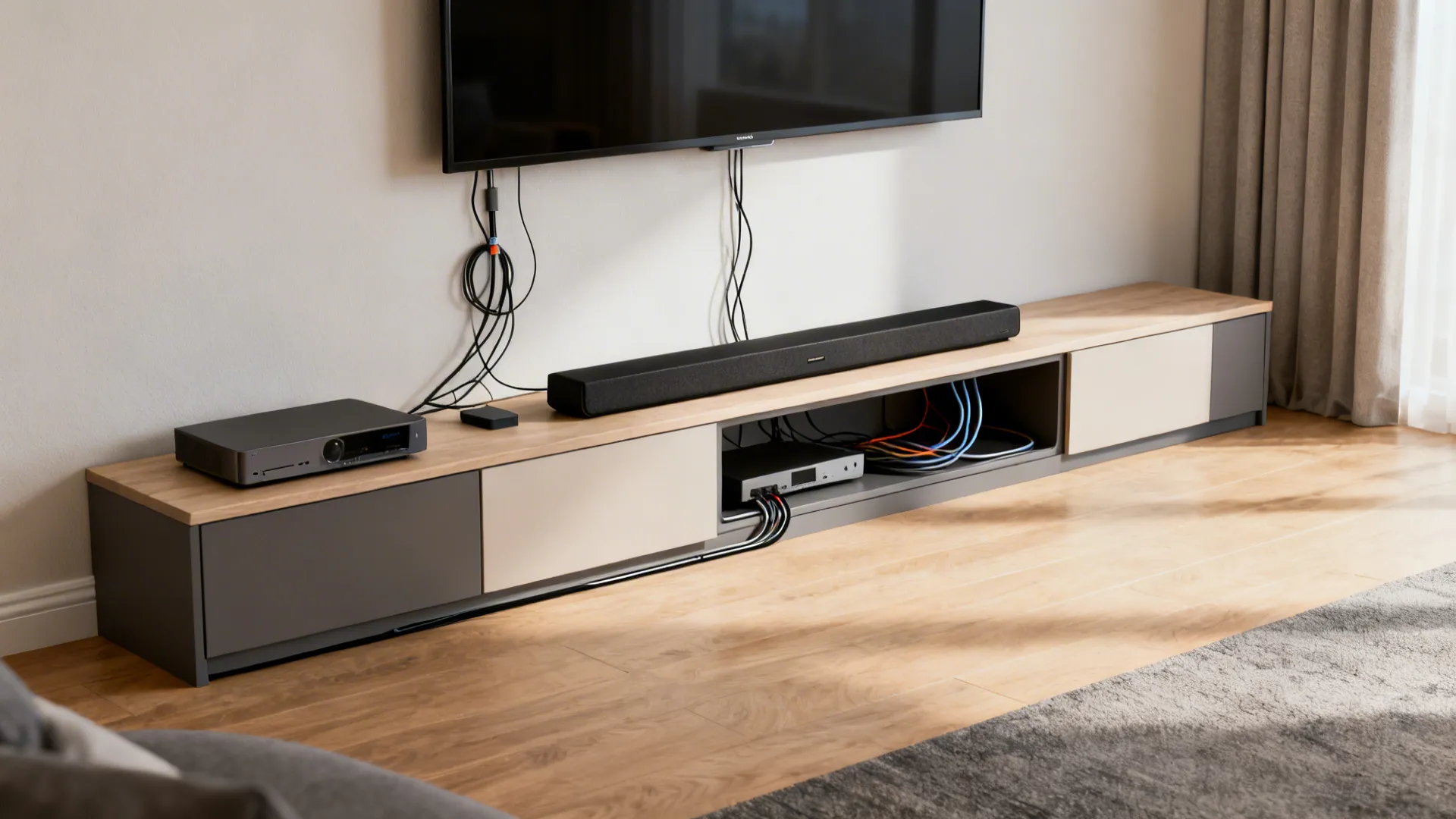 Before-and-after of a small living room TV wall transforming to a modular bench with hidden cables.
