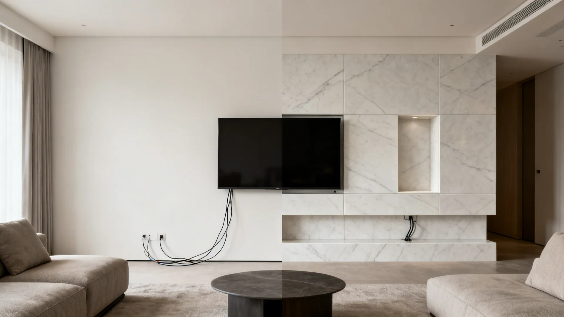 Before and after comparison showing a plain TV wall upgraded to a porcelain slab with a recessed niche.