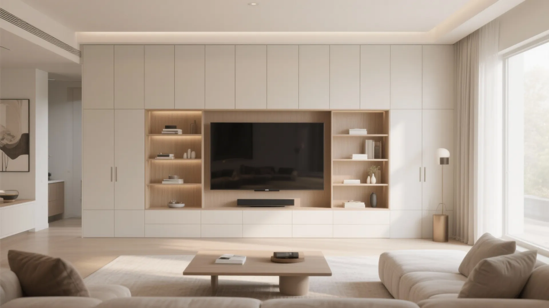 Modern living room with large wall cabinet unit around television wooden table and white sofa