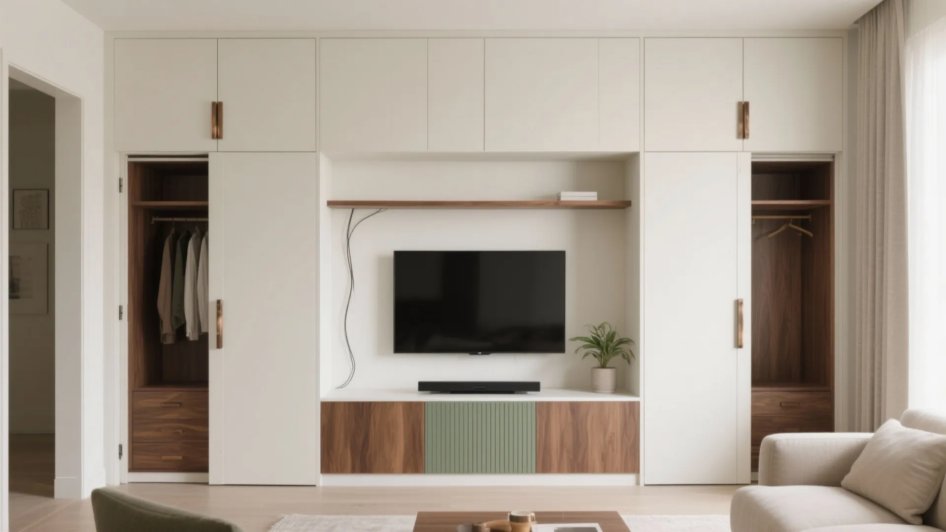 White wall cabinet with a built-in television wooden storage drawers and open hanging clothes space