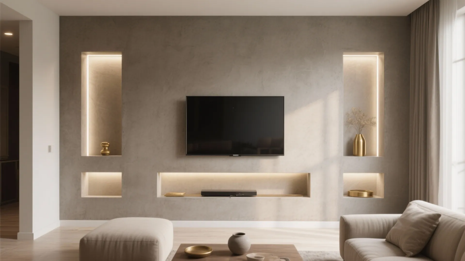 Grey concrete wall with television, built-in light shelves, wooden floor, sofa, and a small table