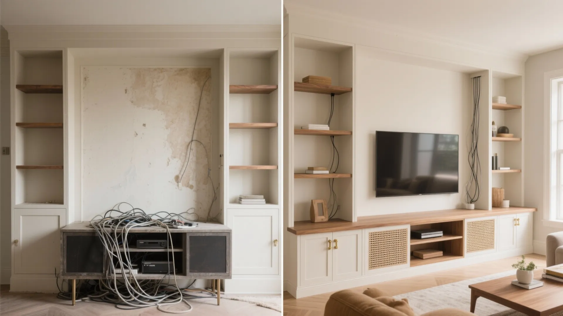 Built-ins framing the TV wall