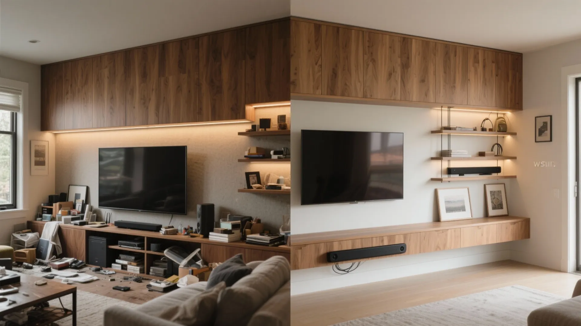 Built-In Wood Shelving Around the TV Wall