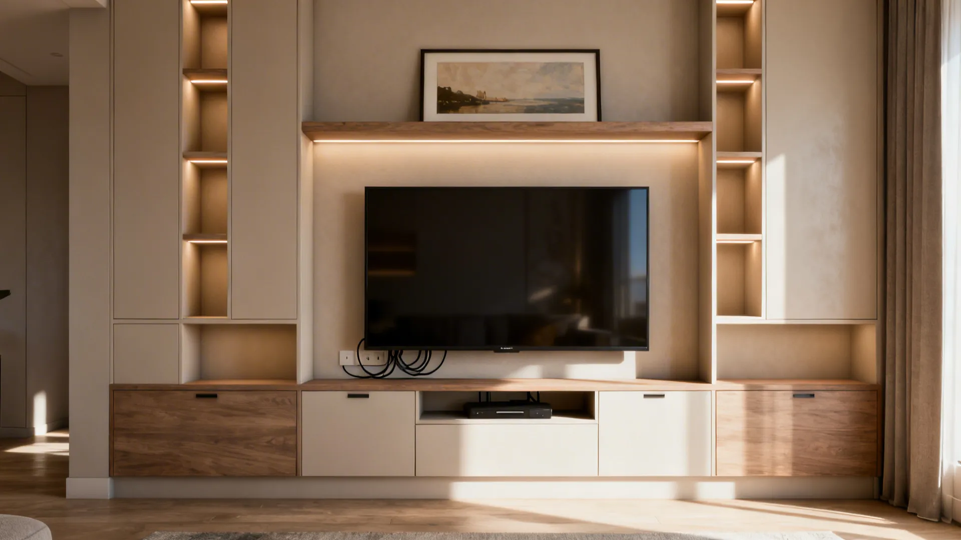 5. Functional Feature: TV Wall with Concealed Storage