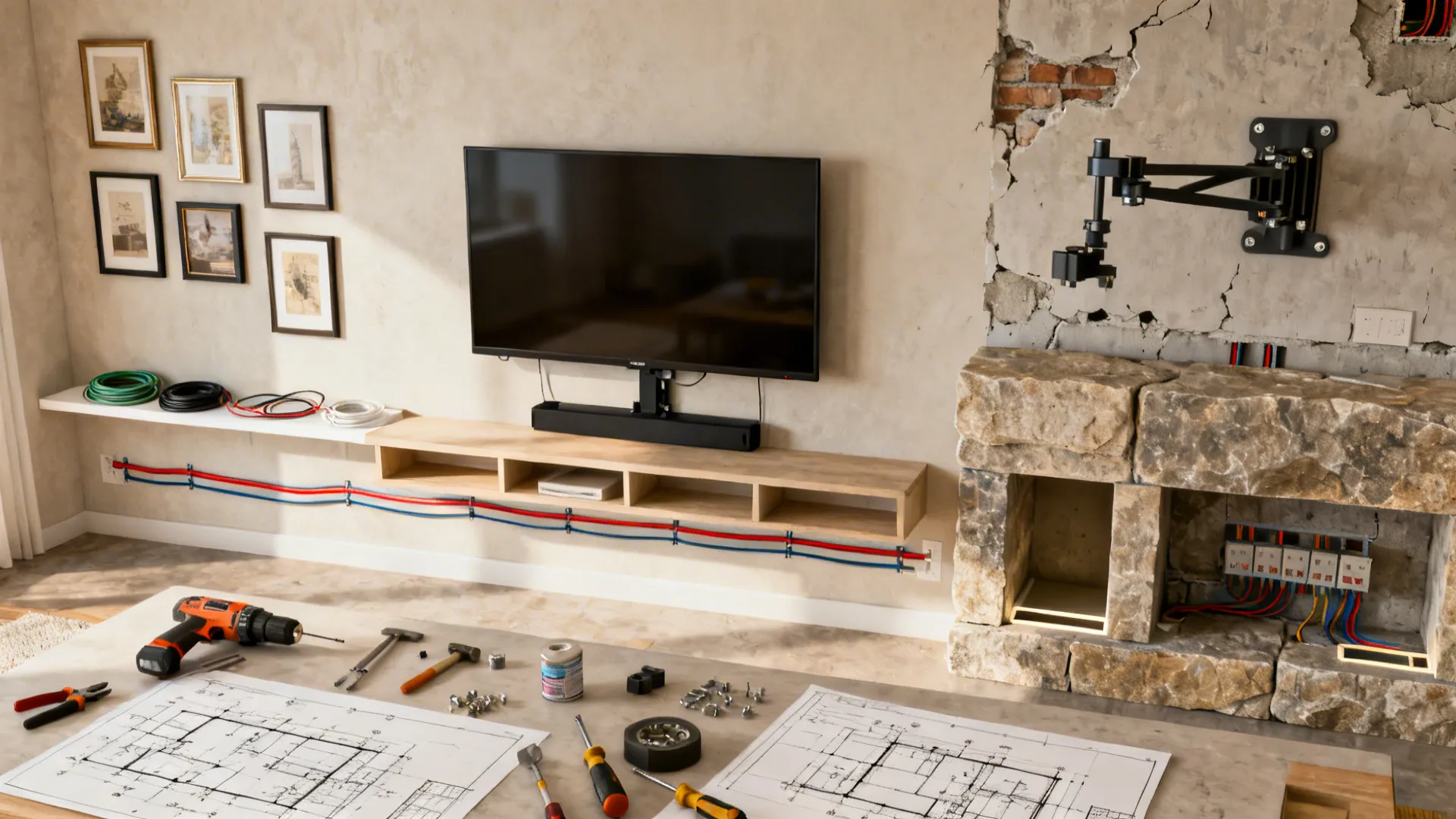 Top-down planning scene showing DIY tasks and professional work for a TV wall project.