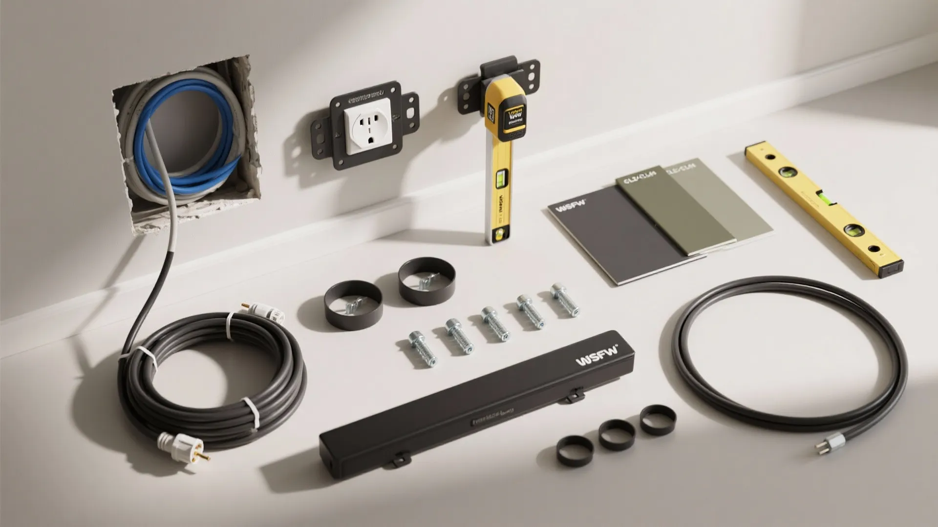 Installation tools and hardware including cables wall socket level and screws for a home project