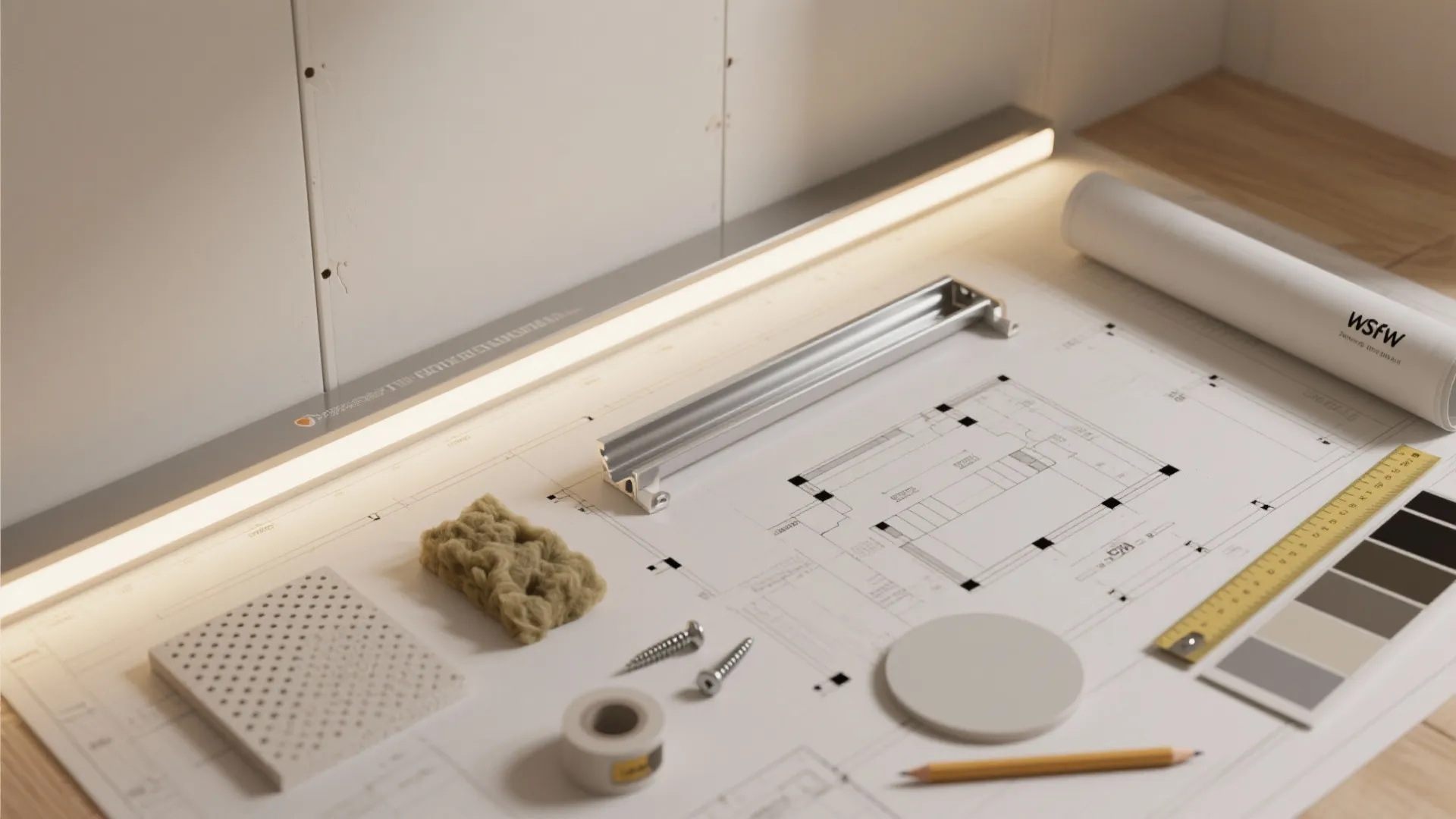Interior design drawing on a table with light fixture samples and various home renovation tools
