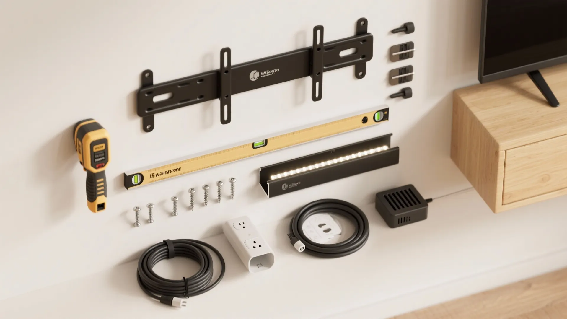 TV wall mounting tools including black metal bracket spirit level screws and various black electric cables
