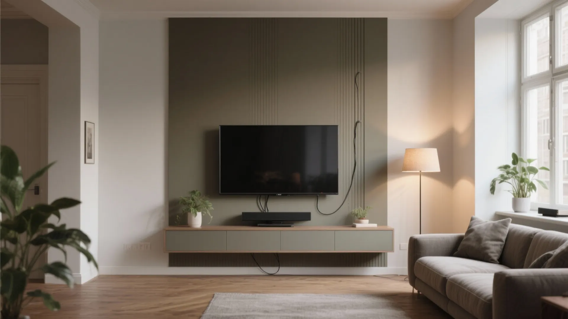 Living room with television on green wall panel floating cabinet grey sofa and floor lamp