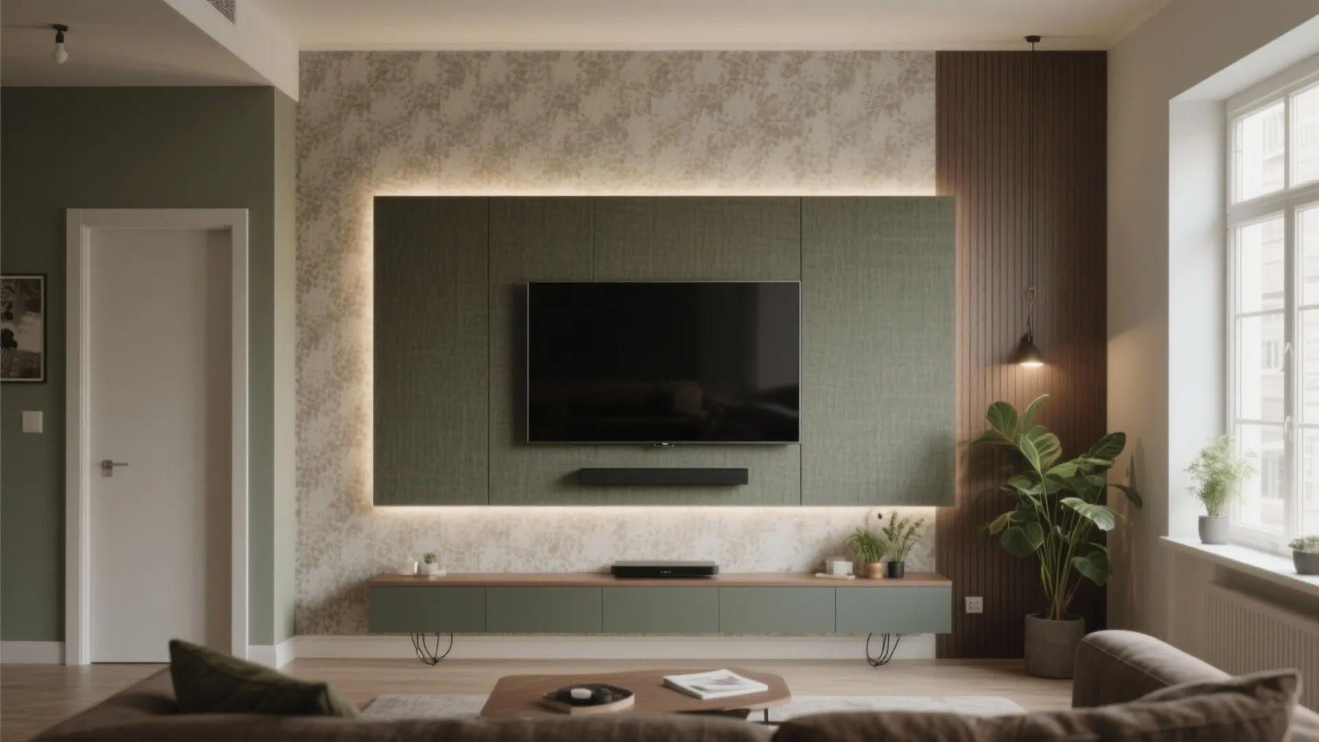 Modern living room featuring green wall panel with backlight behind a television and wooden cabinet