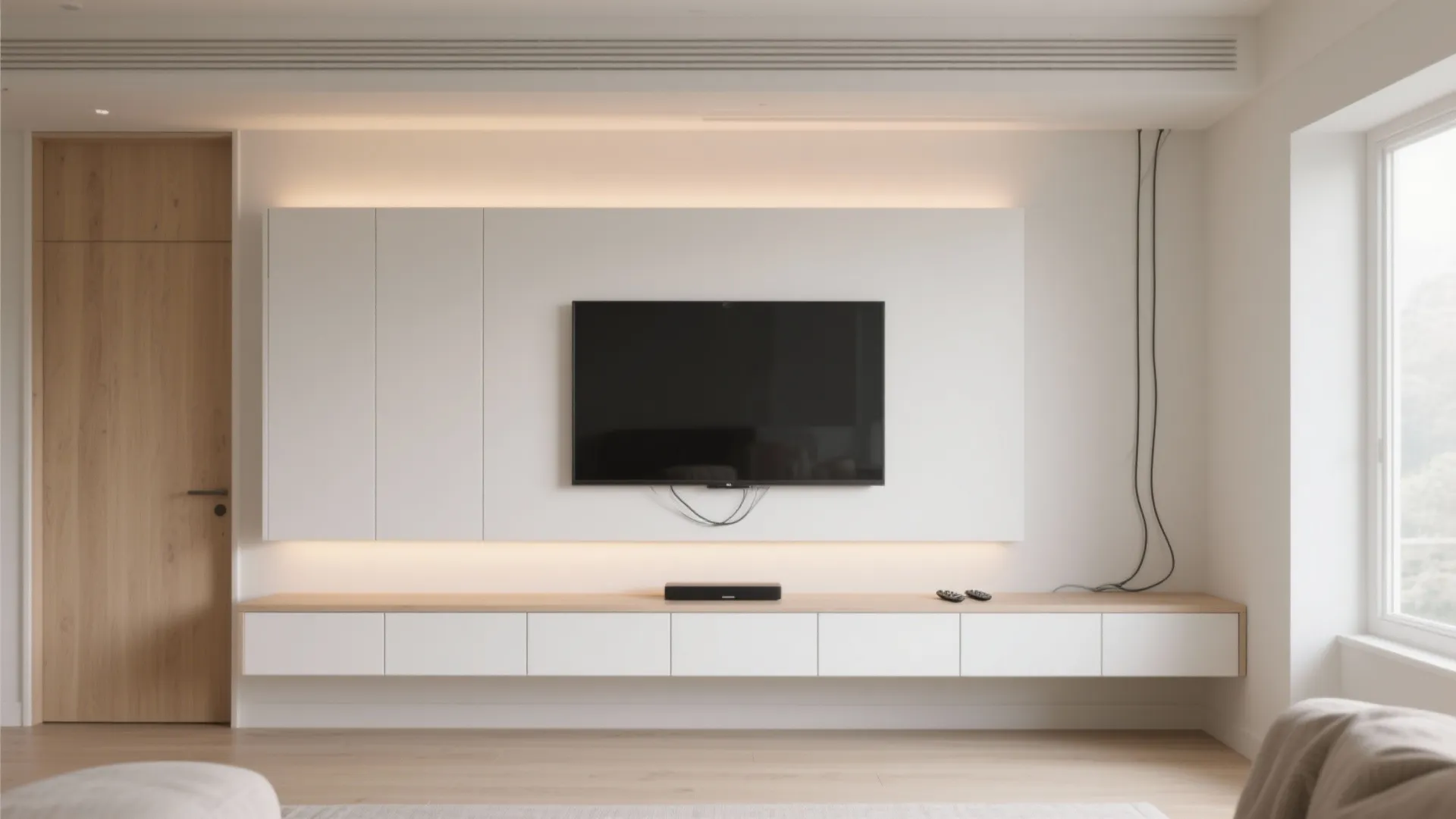 Minimalist living room featuring a large wall mounted television white storage cabinets and warm lighting