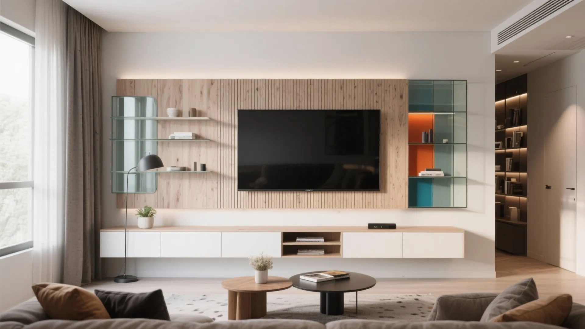 Modern living room with wood panel wall backdrop and television above a white storage cabinet