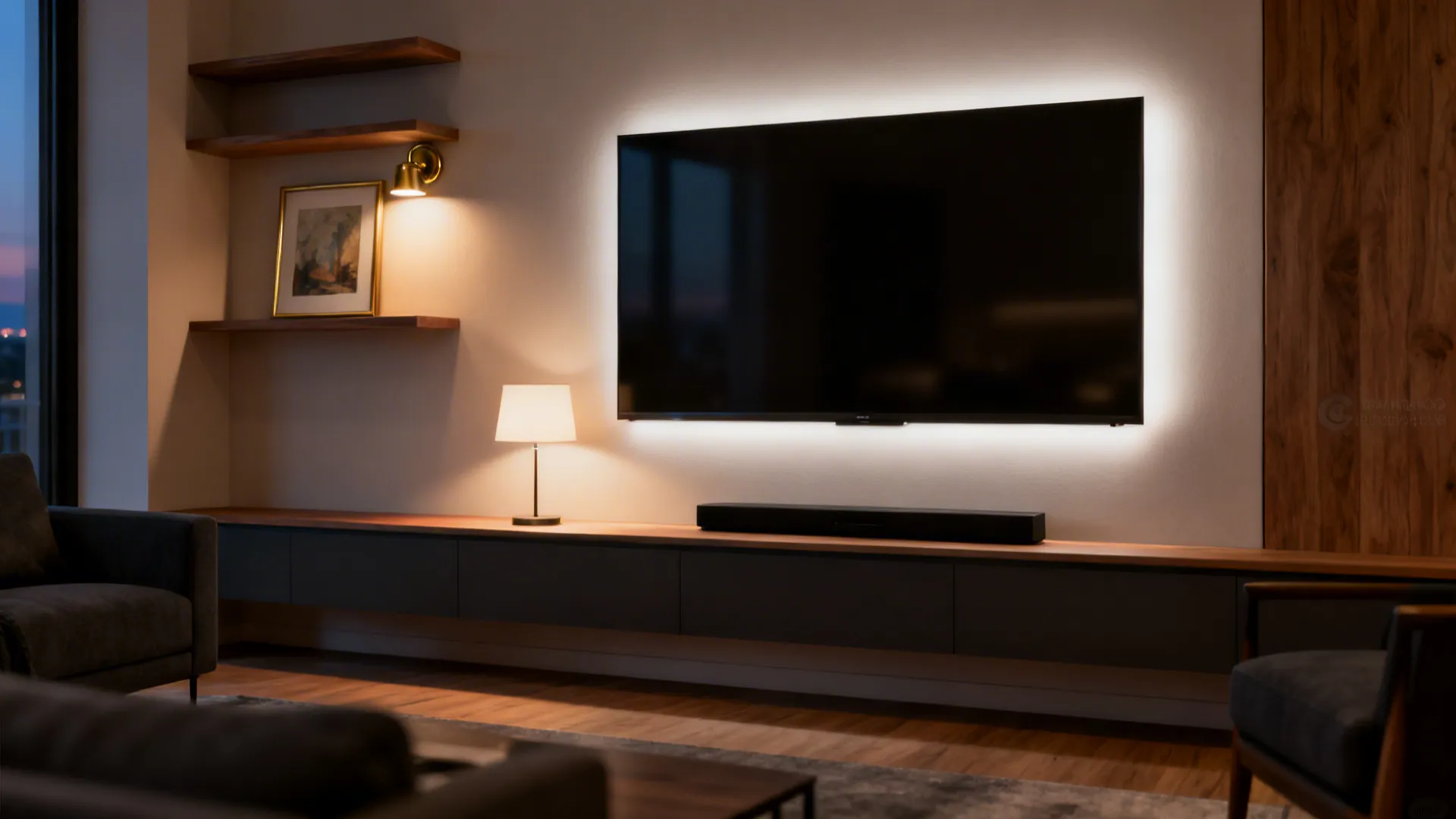 Dusk living room with TV bias lighting, a brass picture light above art, and a dim table lamp on the console.