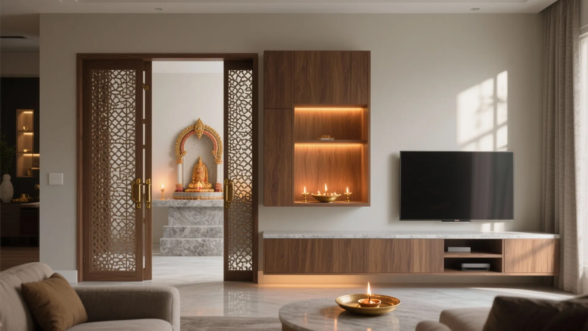 Integrated Mandir in the TV Wall with Sliding Doors
