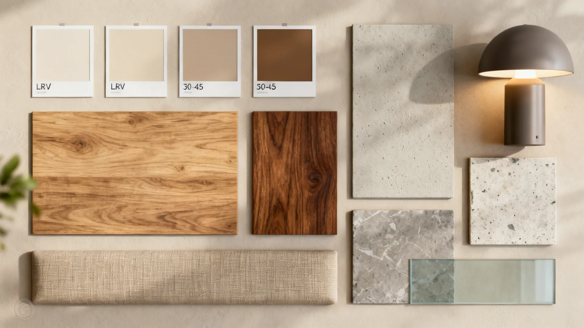 Flatlay of low-sheen paint, warm woods, fabric panels, microcement and non-glare glazing samples.