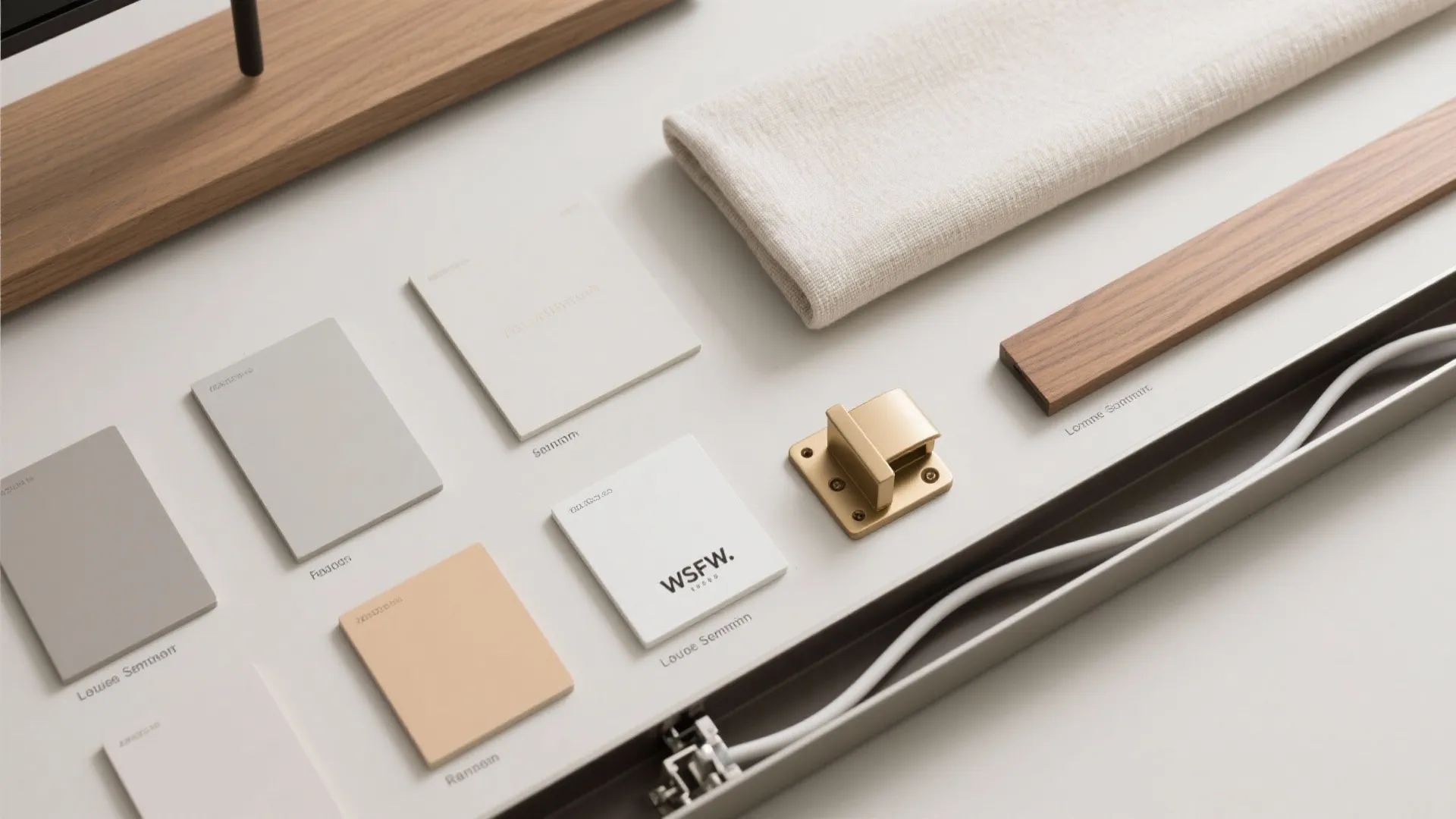 Flatlay of pale greige paint, linen, oak veneer, brass hardware, and cable raceway for a minimalist TV wall.