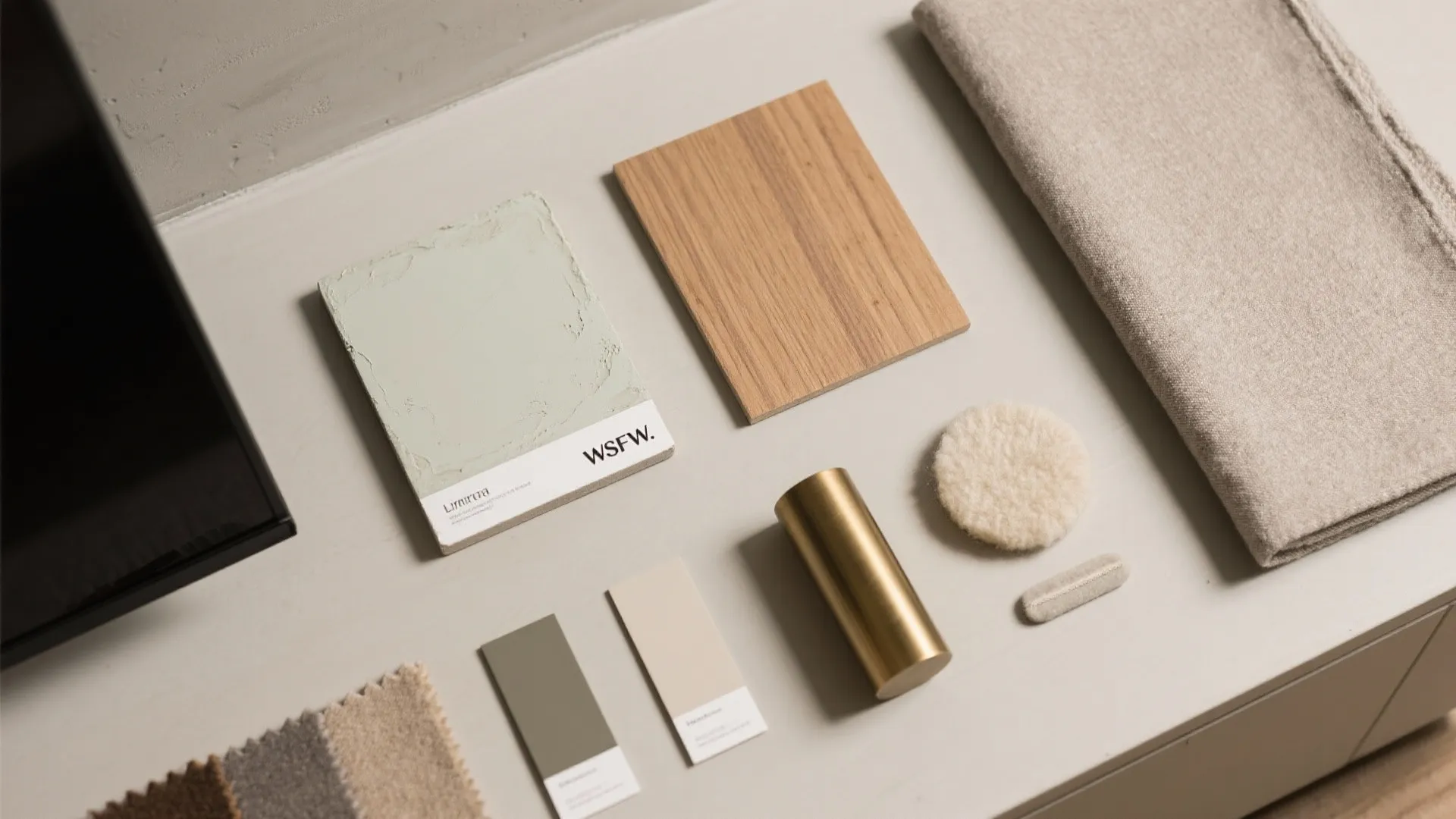 Flat lay of microcement, limewash, oak veneer, wool felt, and neutral fabric swatches.