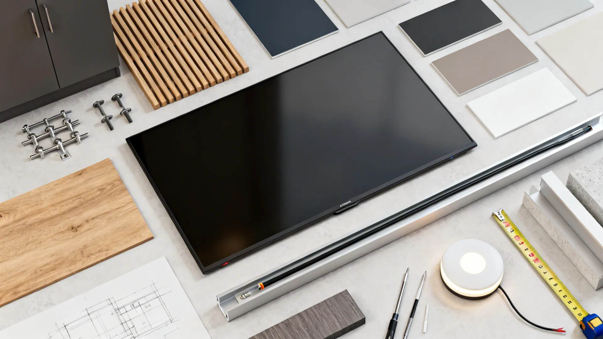 Flatlay of paint swatches, wood slat sample, hardware, and cable channel for TV wall planning