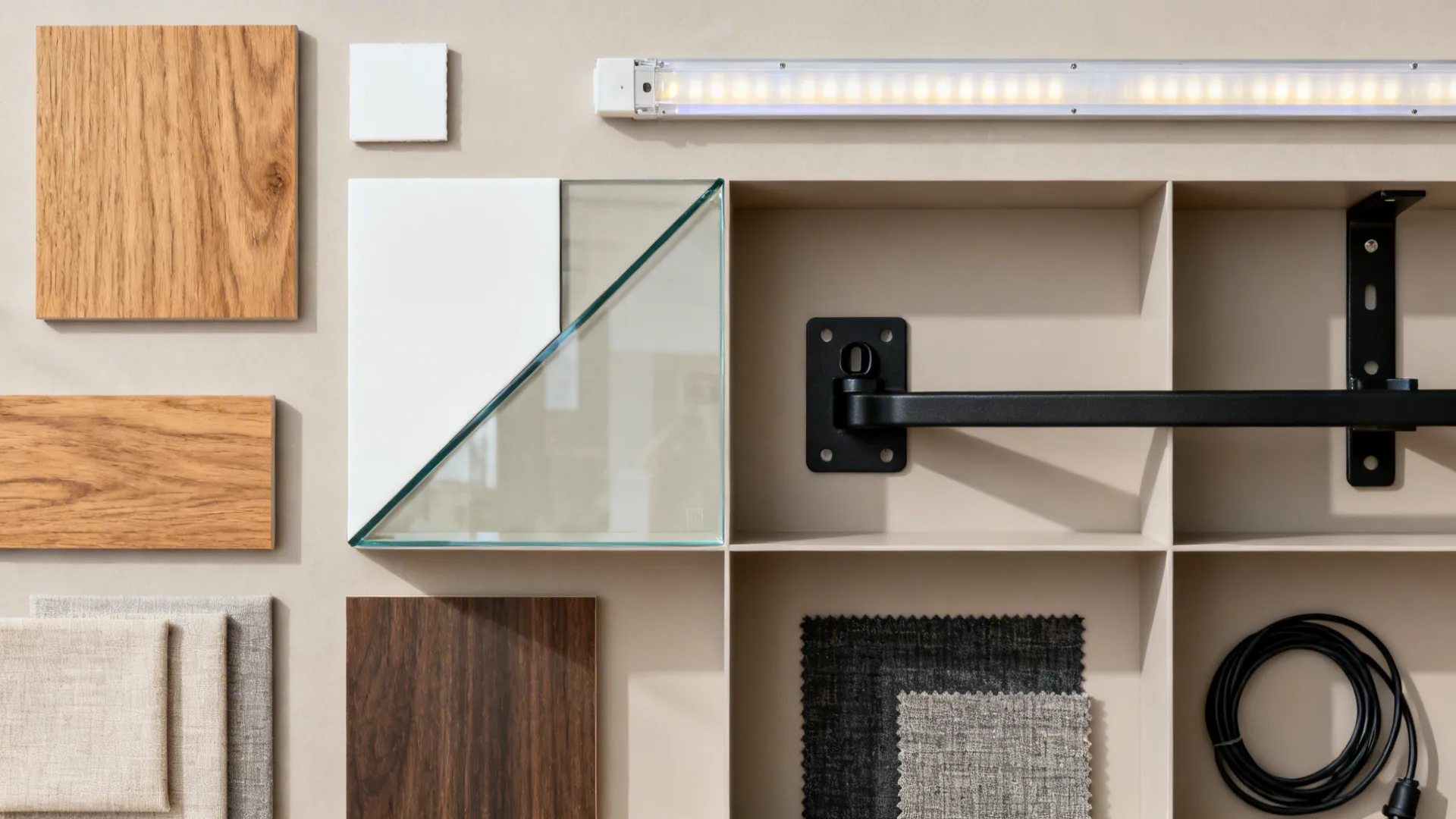 Flat lay of oak veneer, matte lacquer, low-iron glass, LED diffuser, steel bracket, and fabric for a TV wall.