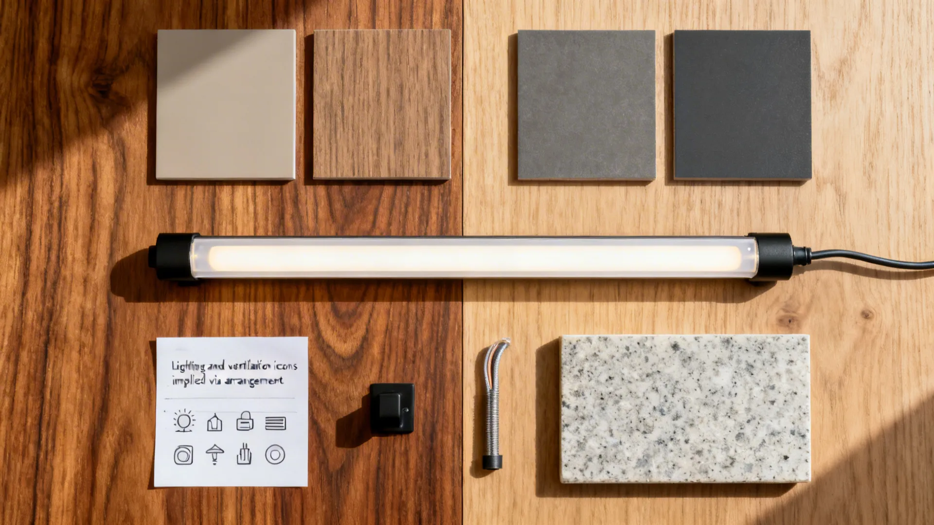 Flat lay of wood veneers, matte laminates, quartz samples, LED strip with diffuser, conduit, and hardware.