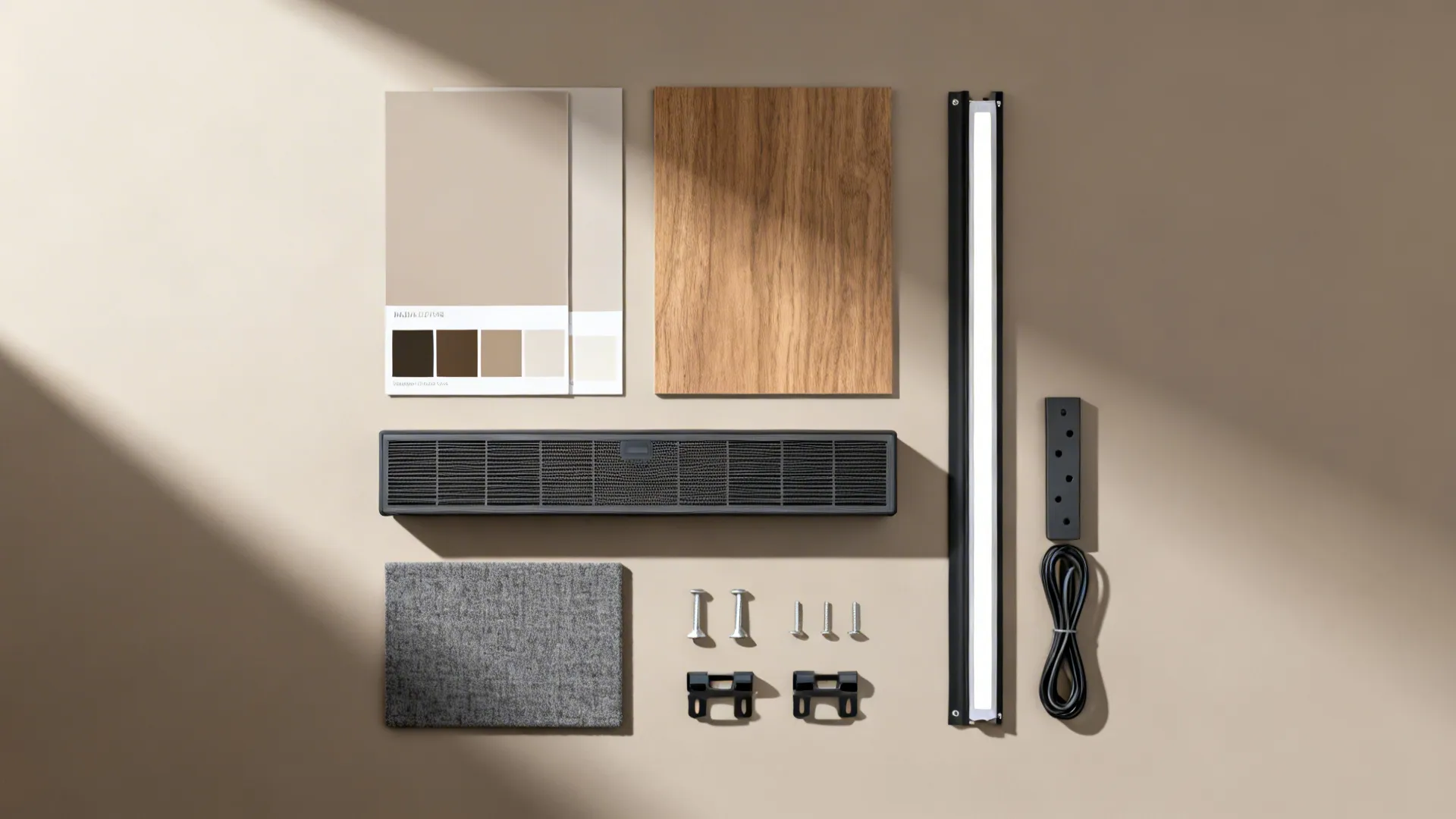 Flat lay of matte paint swatches, oak veneer, acoustic fabric, LED strip, and cable raceway parts.