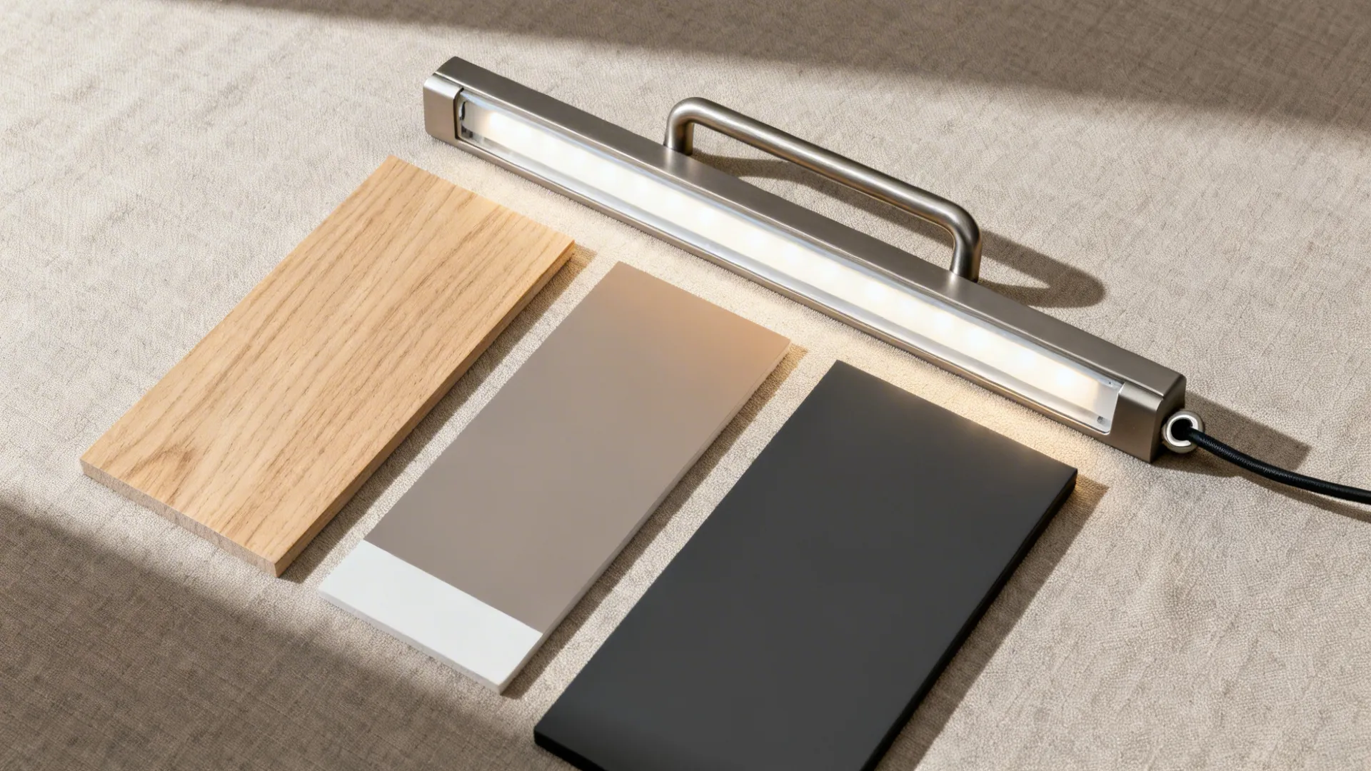 Flatlay of light oak veneer, warm gray paint, charcoal lacquer, LED diffuser, and hardware for a modern TV wall.