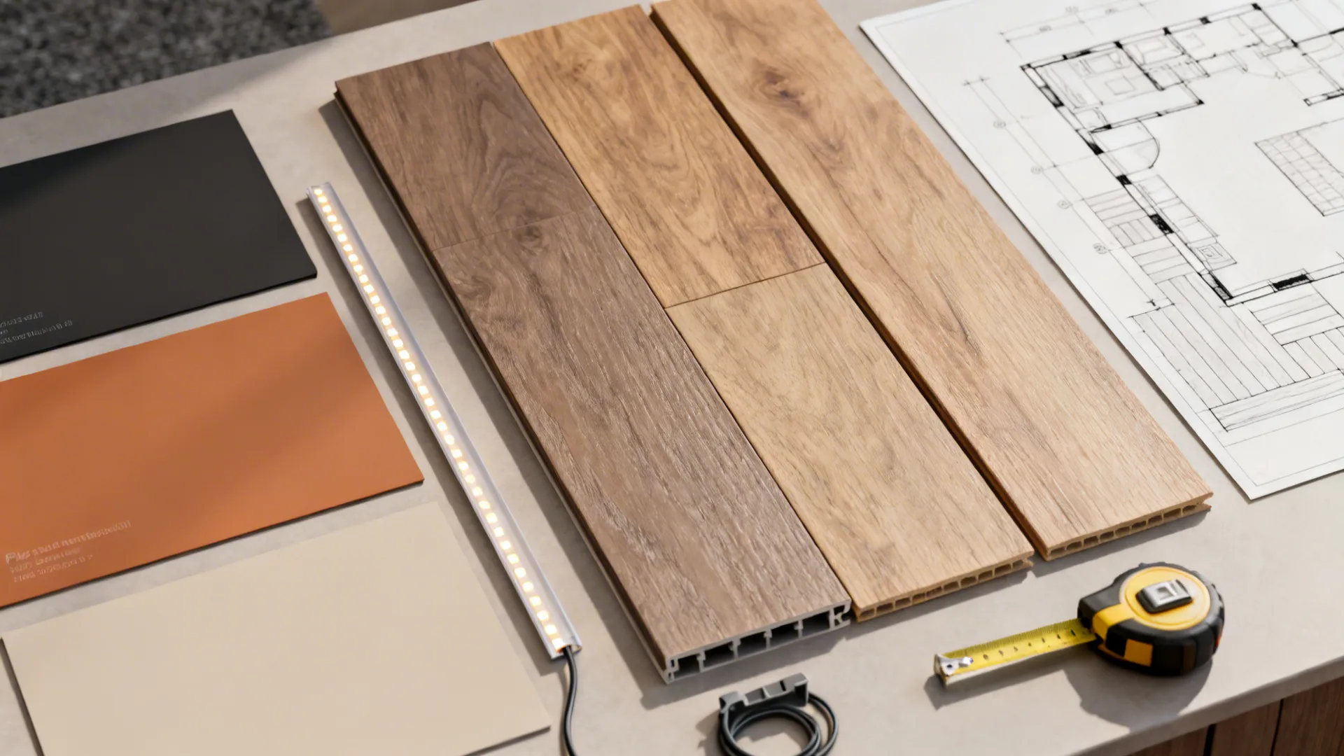Flatlay of paint swatches, wood samples, LED strip and cable raceway for TV wall mockups