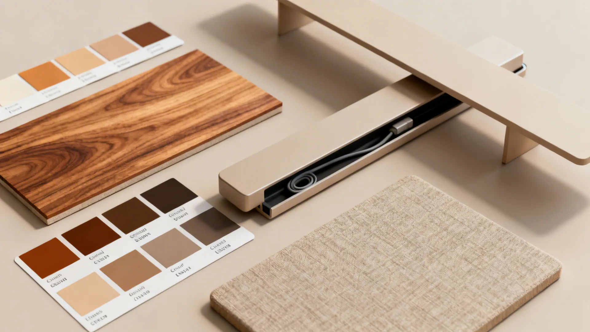 Flatlay of paint swatches, wood veneer, soundbar and cord channels for a TV wall project