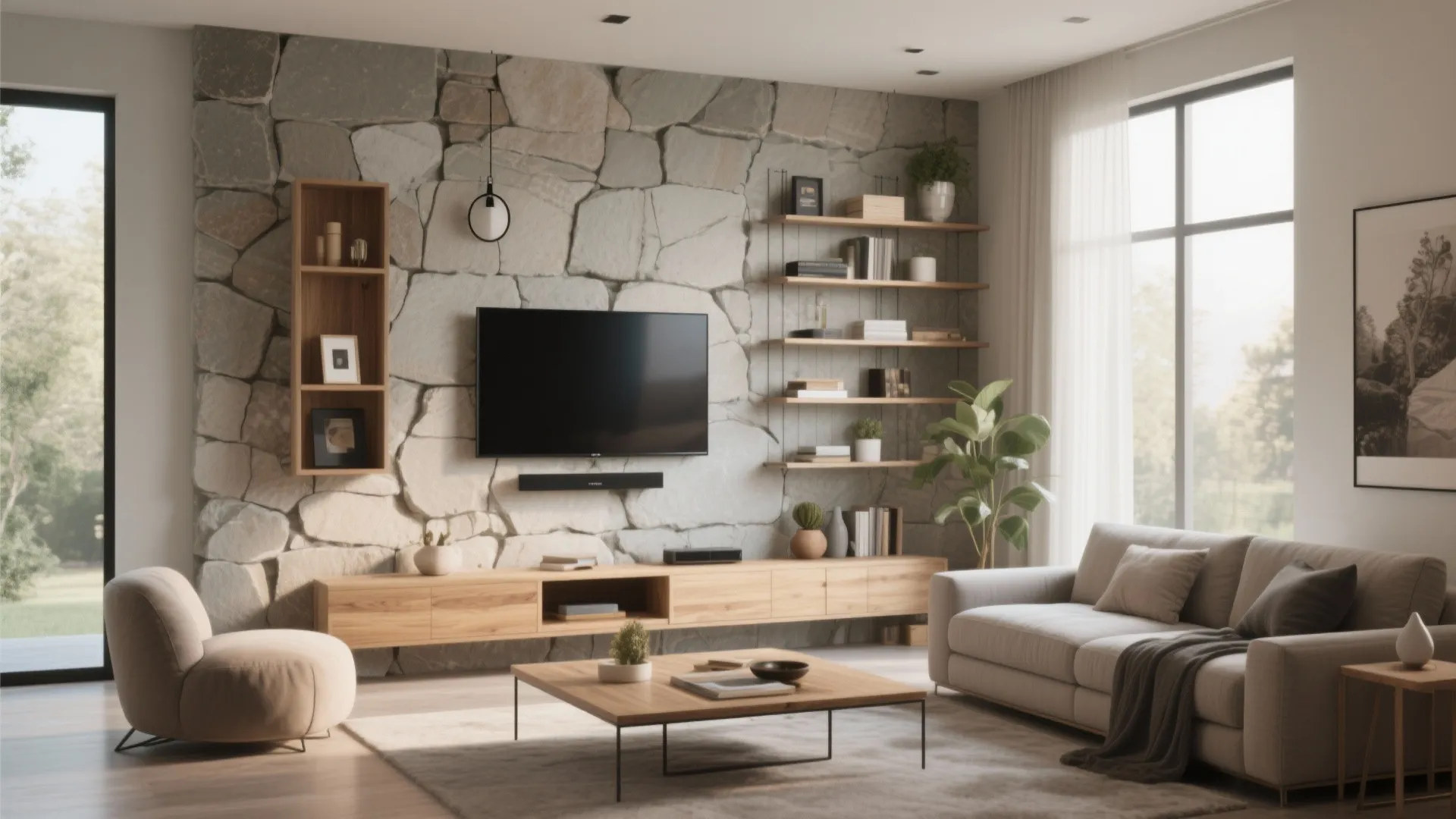 Modern living room with stone wall, mounted television, wooden cabinet, beige sofa, and natural light