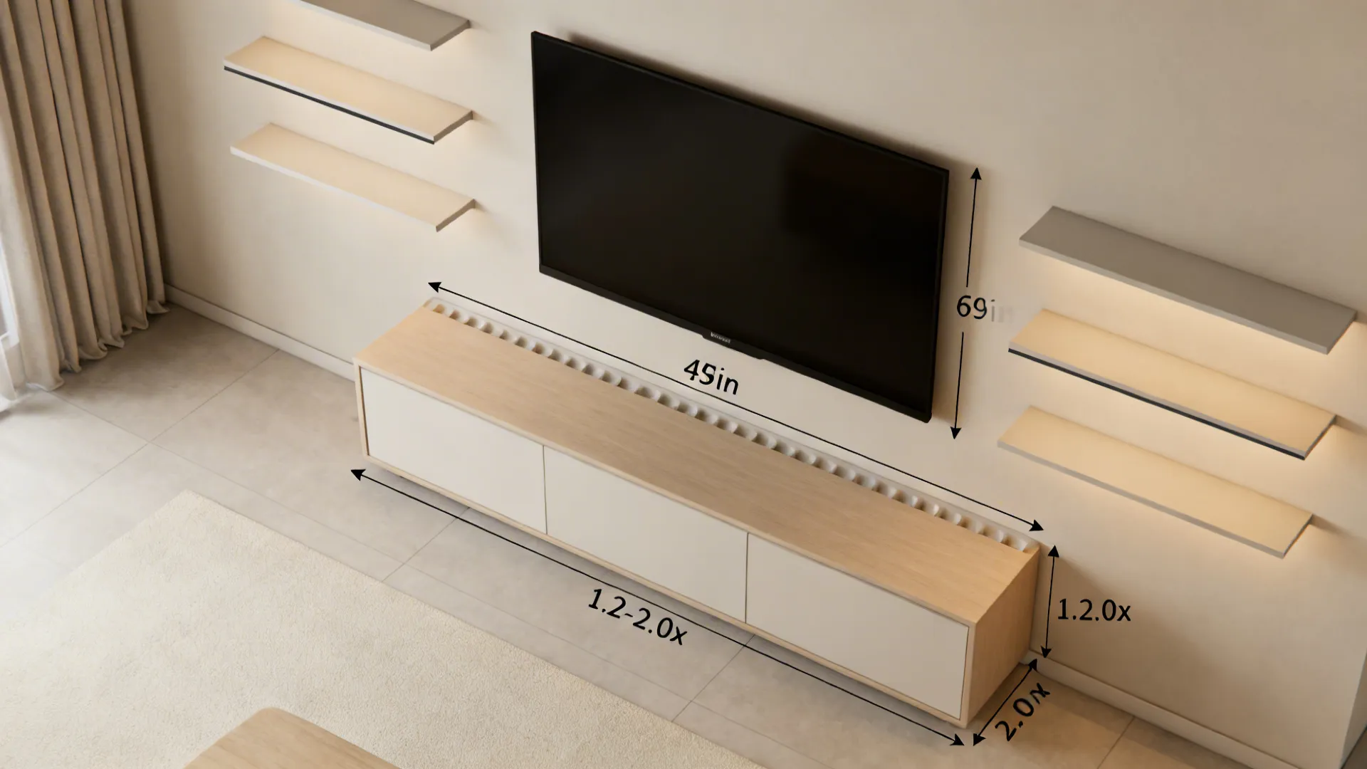 Top-down plan view illustrating TV height, cable path, shelf alignment, and credenza width ratios in a small living room.