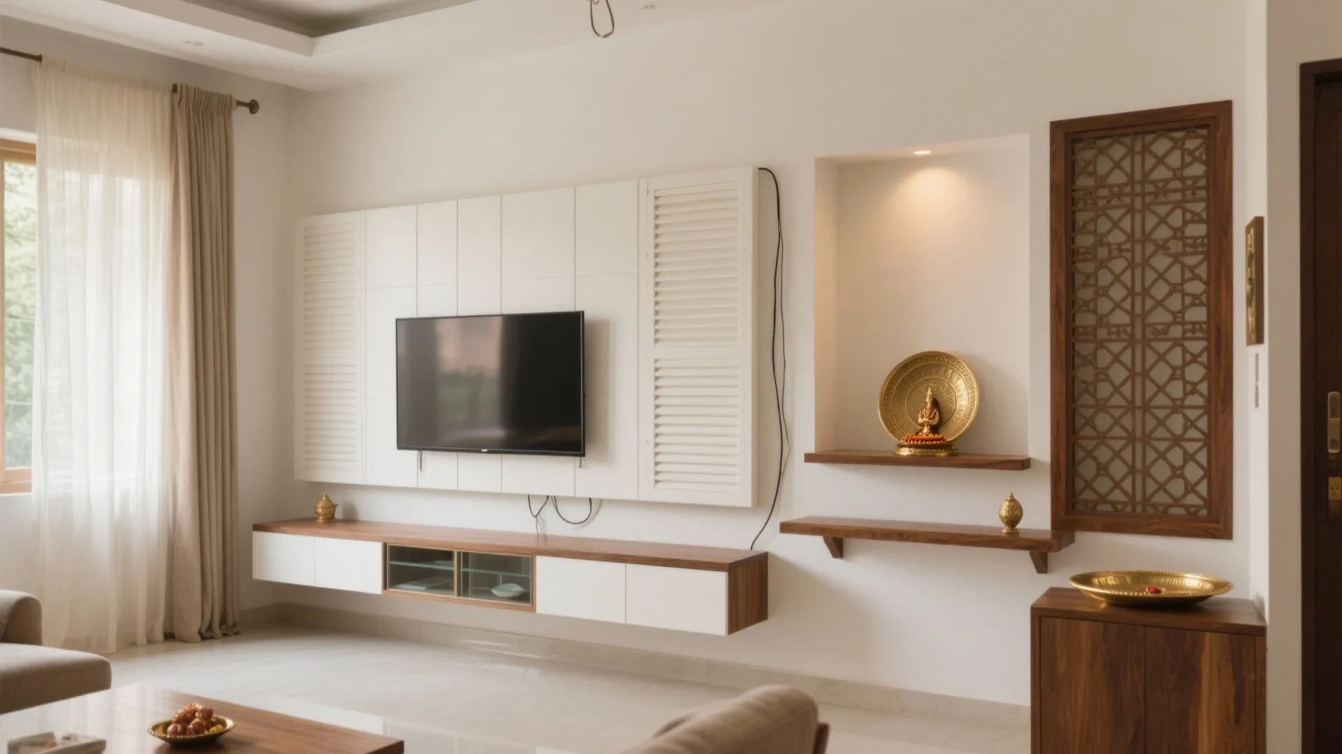 Modern white television wall with floating cabinet wooden shelves decorative gold plates and light curtains