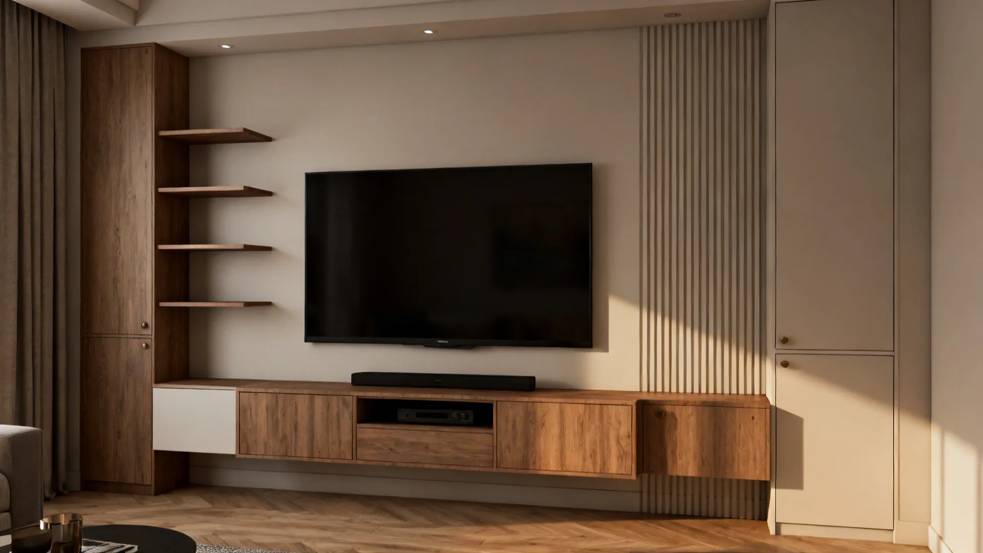 Large black TV on white wall above wooden storage cabinet with shelves and wall panel