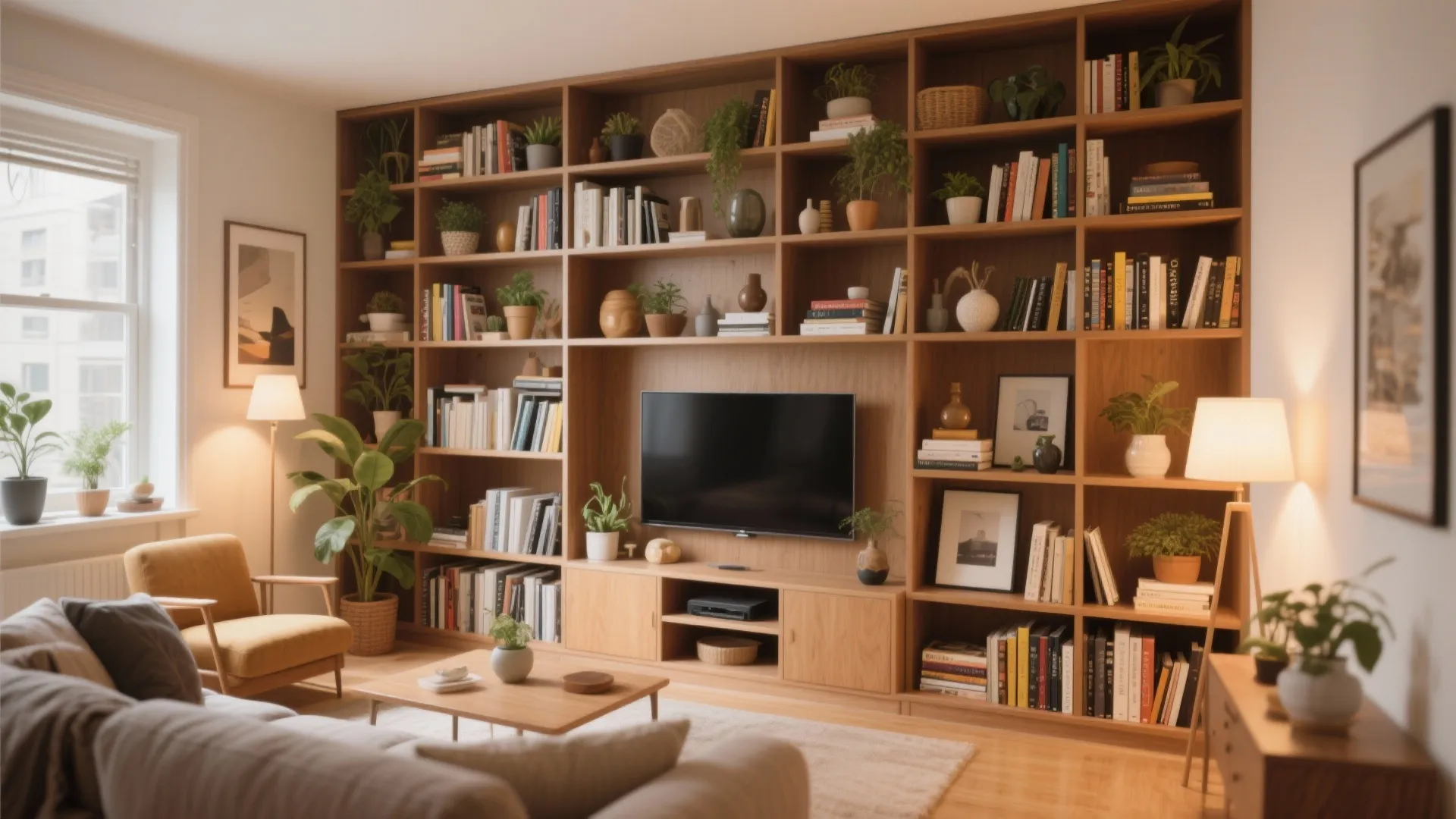 Multi-functional TV wall with shelves