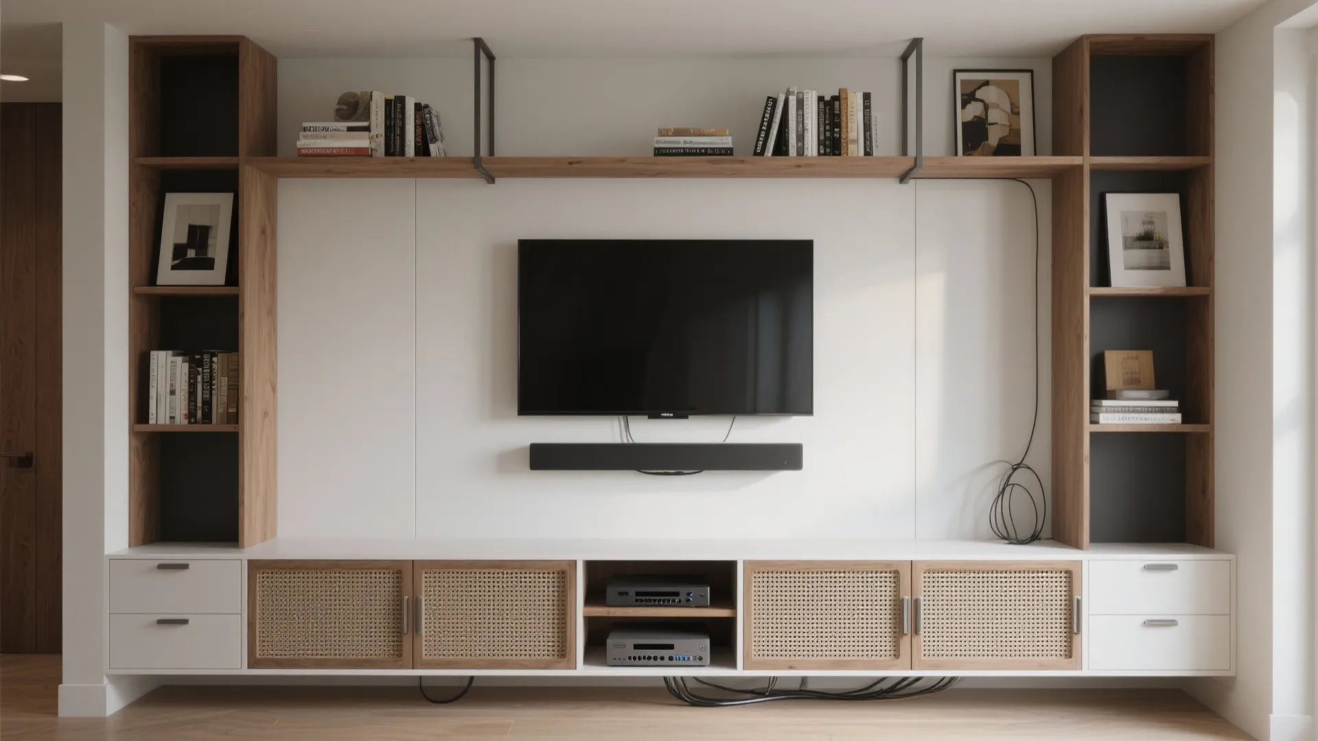 Custom wooden wall unit with television and white cabinets featuring woven doors in the middle